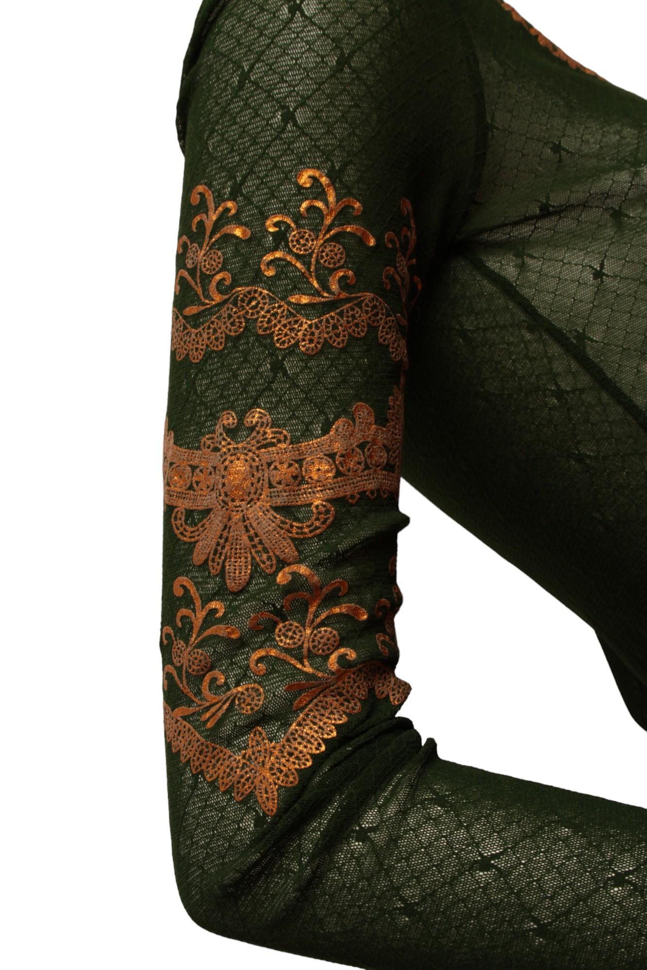 Women's Jean Paul Gaultier Dark Green Long Sleeve Mesh with Gold Metallic Detail For Sale