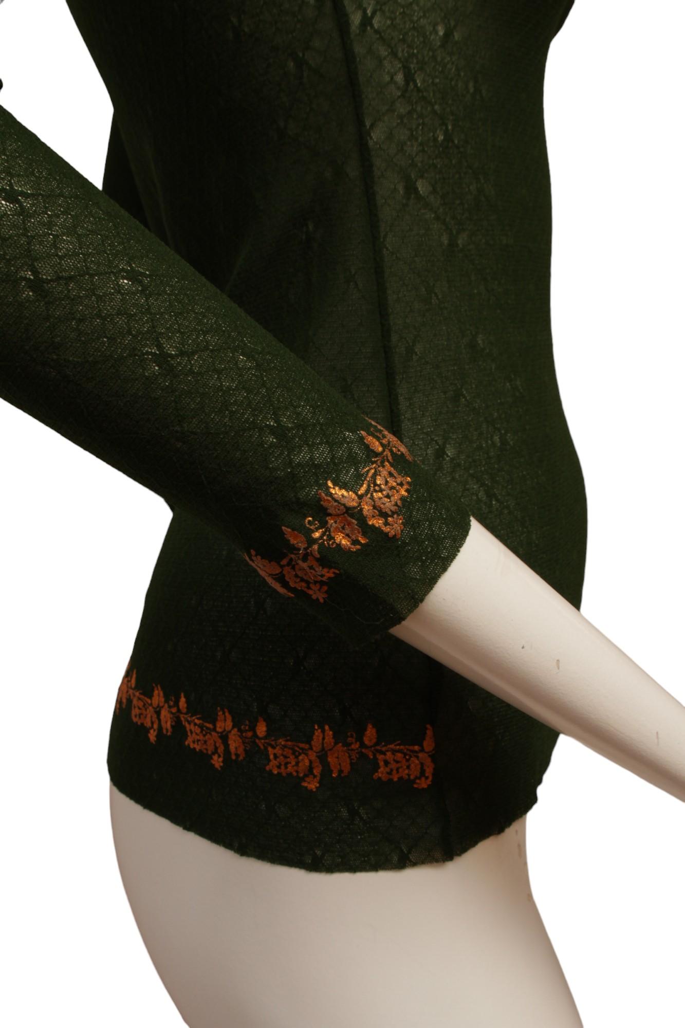 Jean Paul Gaultier Dark Green Long Sleeve Mesh with Gold Metallic Detail For Sale 1