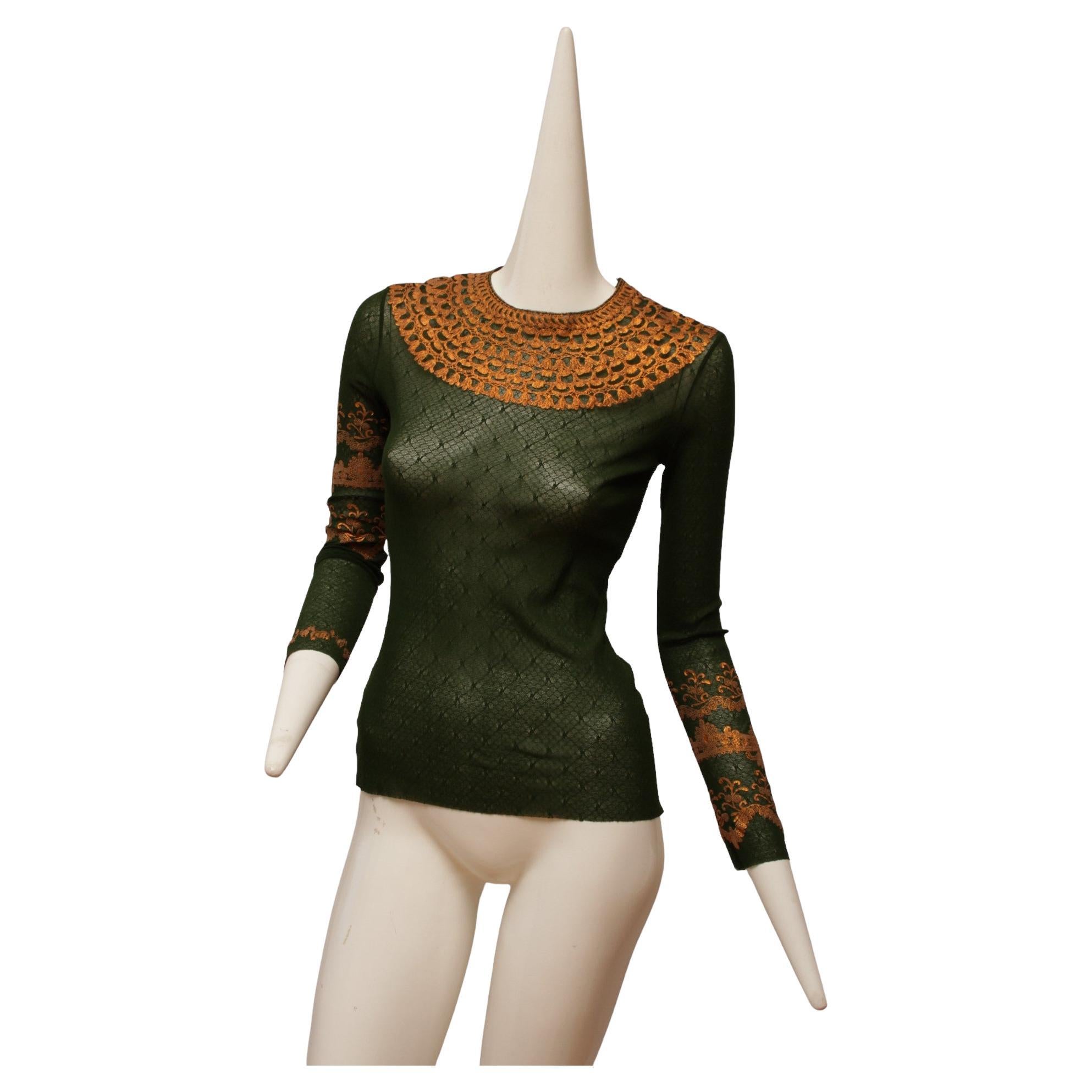 Jean Paul Gaultier Dark Green Long Sleeve Mesh with Gold Metallic Detail For Sale