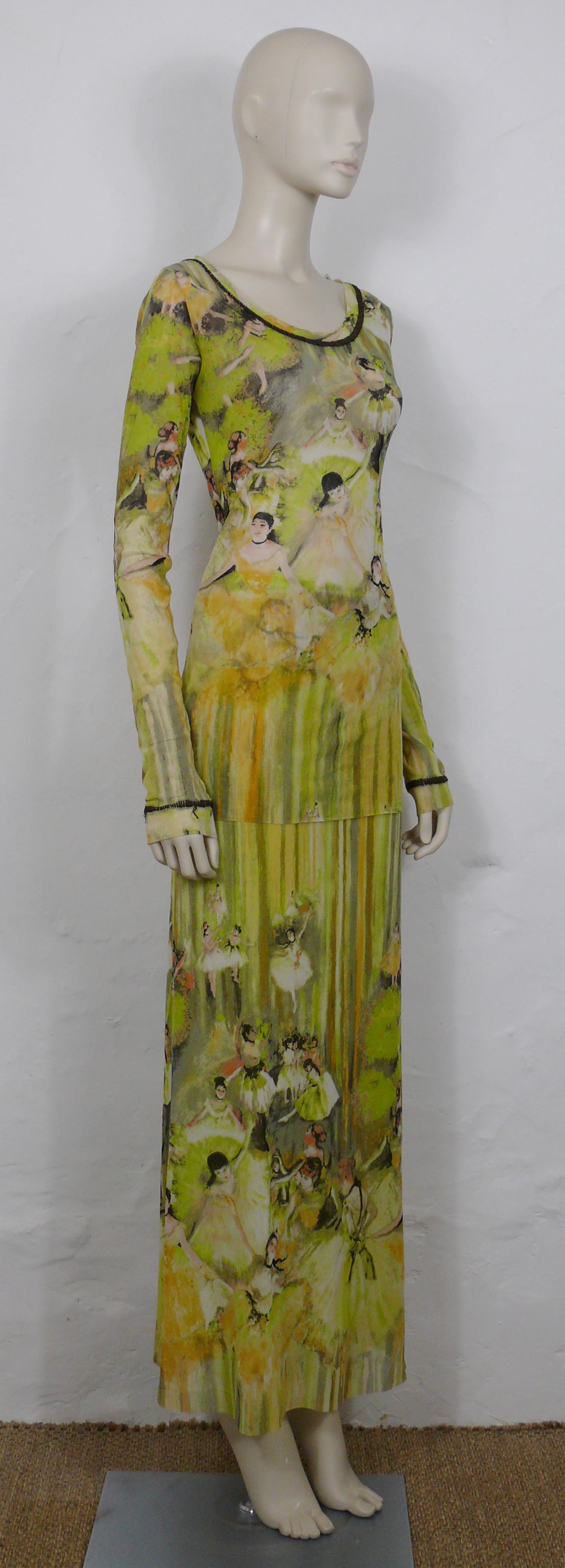 JEAN PAUL GAULTIER FUZZI mesh maxi skirt and top ensemble featuring an EDGAR DEGAS inspired ballerinas print in shades of green, yellow, white and orange.

Spring/Summer Ready-to-Wear 2004.

The top features :
- Sheer and stretch FUZZI mesh.
- Long