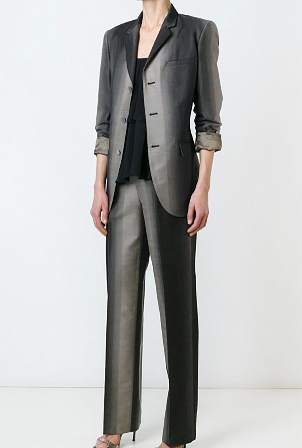 Taupe Jean Paul Gaultier  virgin wool-silk blend degradé print trouser pant suit featuring a jacket with notched lapels, a broad welt chest pocket, a front button fastening, front flap pockets, long sleeves, button cuffs and a double vent to the