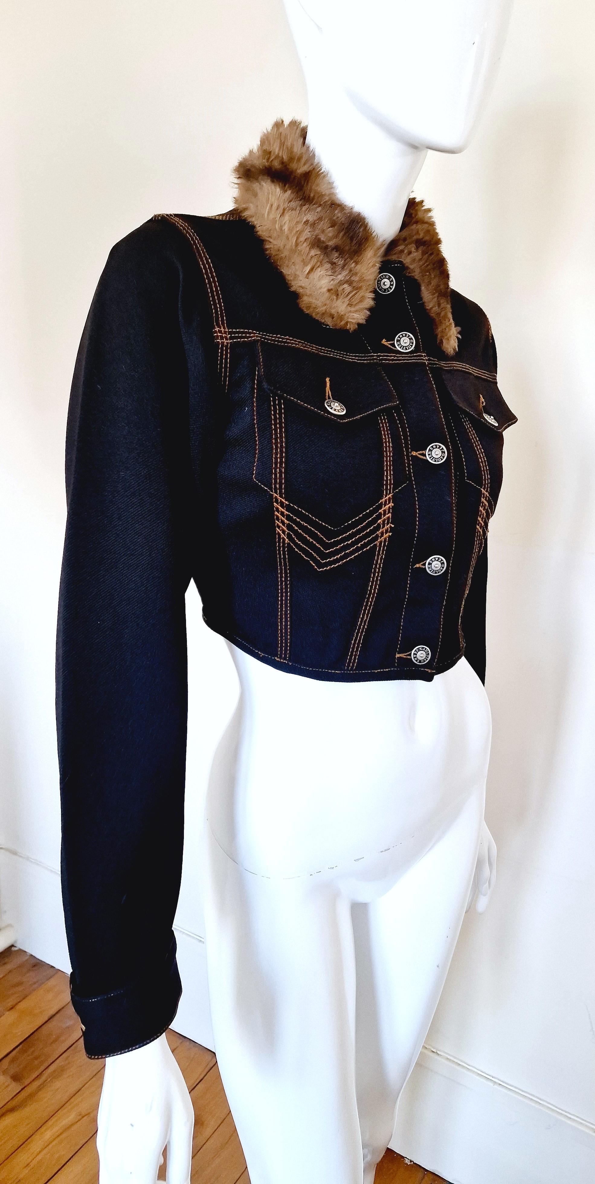 Jean Paul Gaultier Denim Fake Fur Collar Blue Woman Women XS Small Crop Jacket For Sale 6