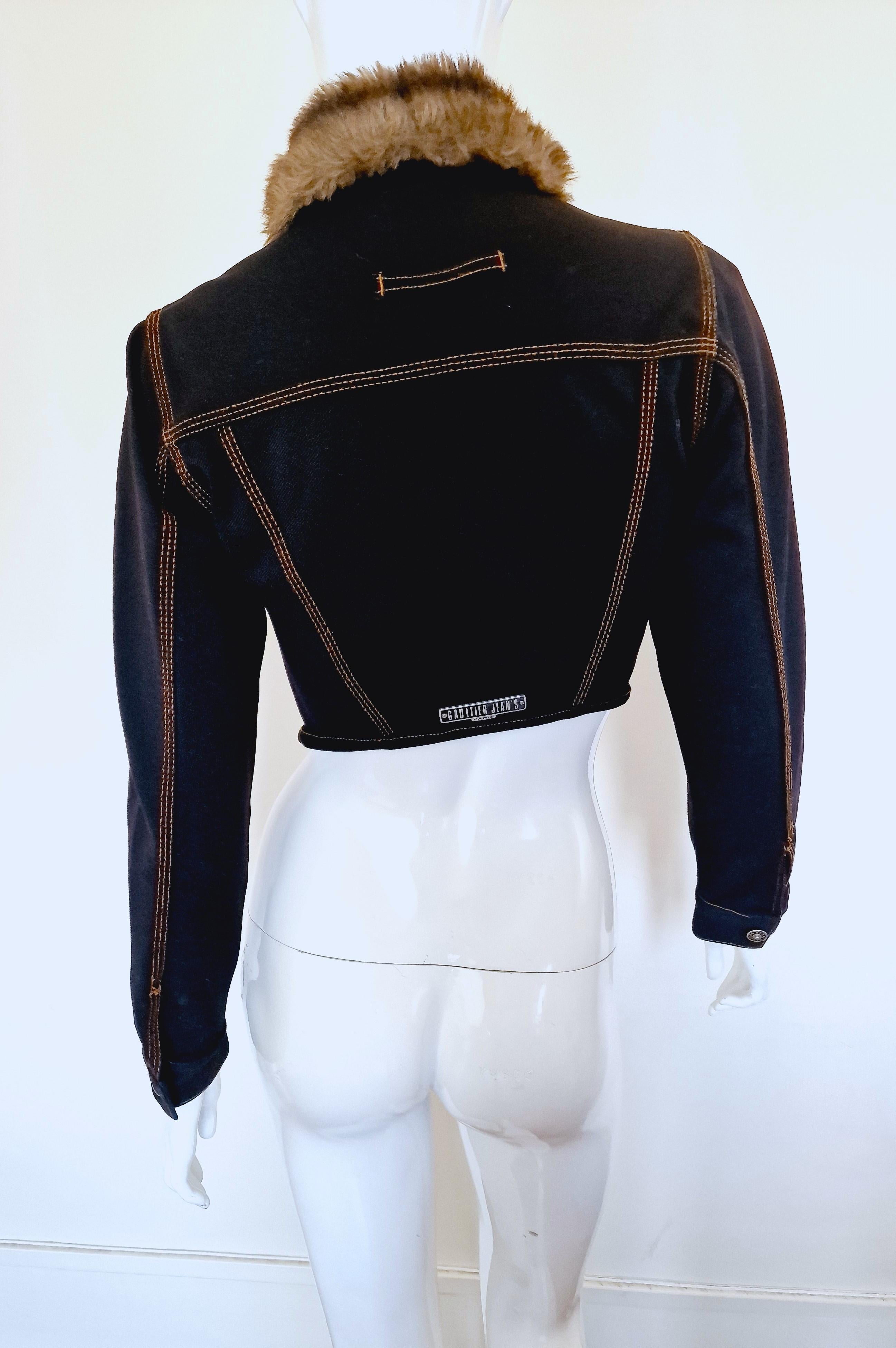 Jean Paul Gaultier Denim Fake Fur Collar Blue Woman Women XS Small Crop Jacket For Sale 7