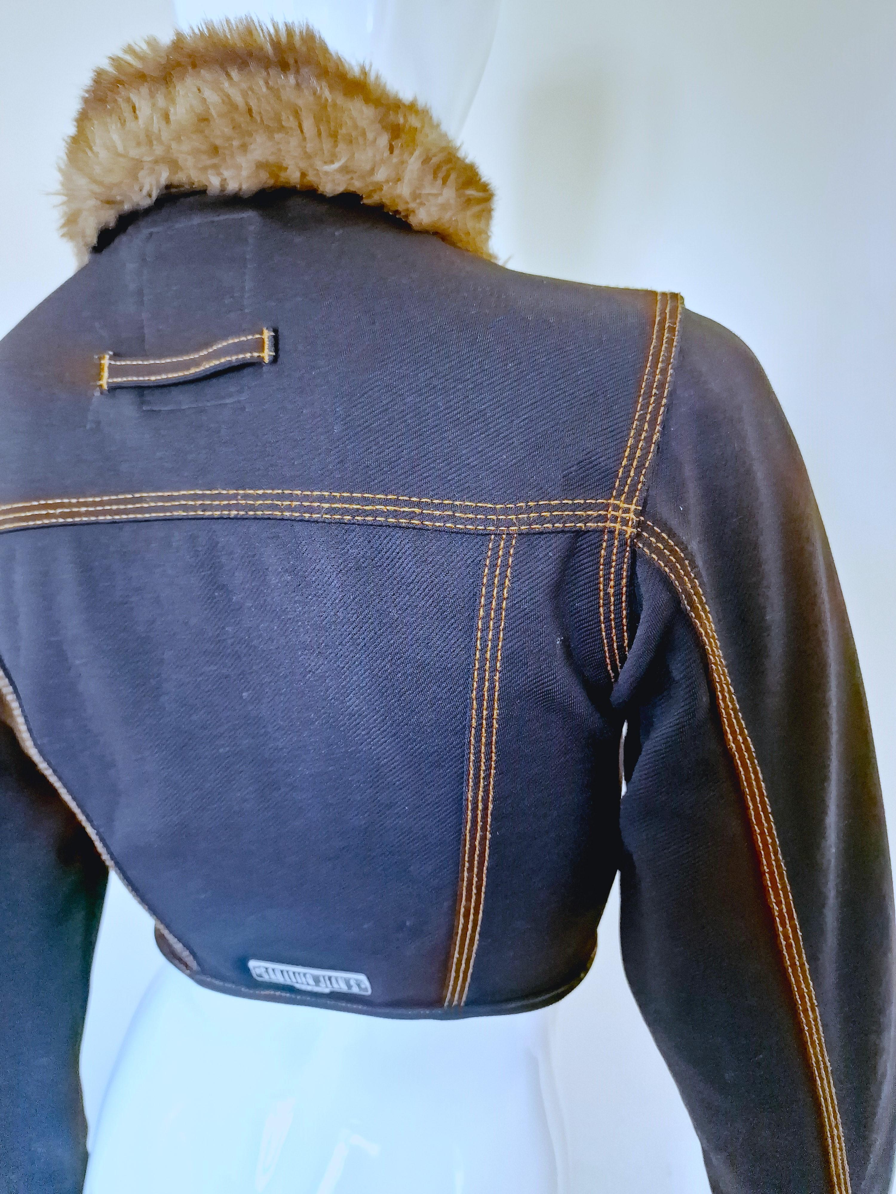 Jean Paul Gaultier Denim Fake Fur Collar Blue Woman Women XS Small Crop Jacket For Sale 10