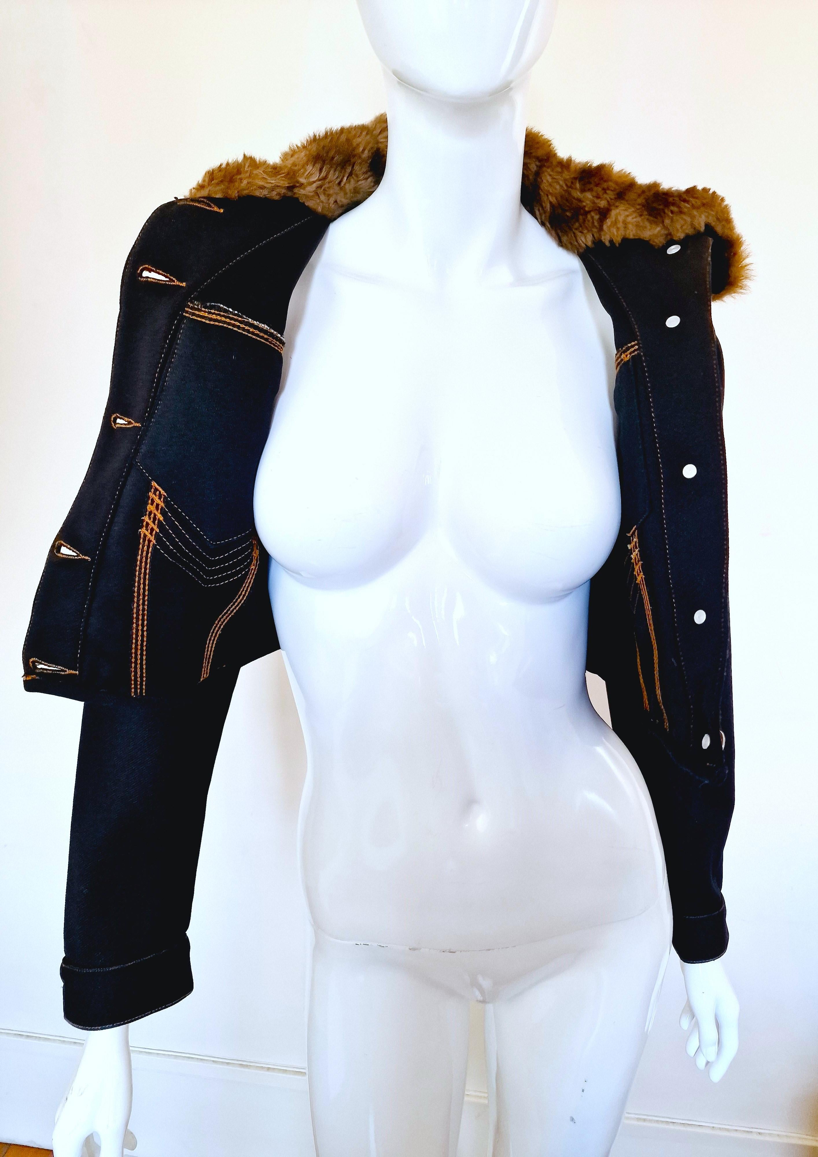 Jean Paul Gaultier Denim Fake Fur Collar Blue Woman Women XS Small Crop Jacket For Sale 11