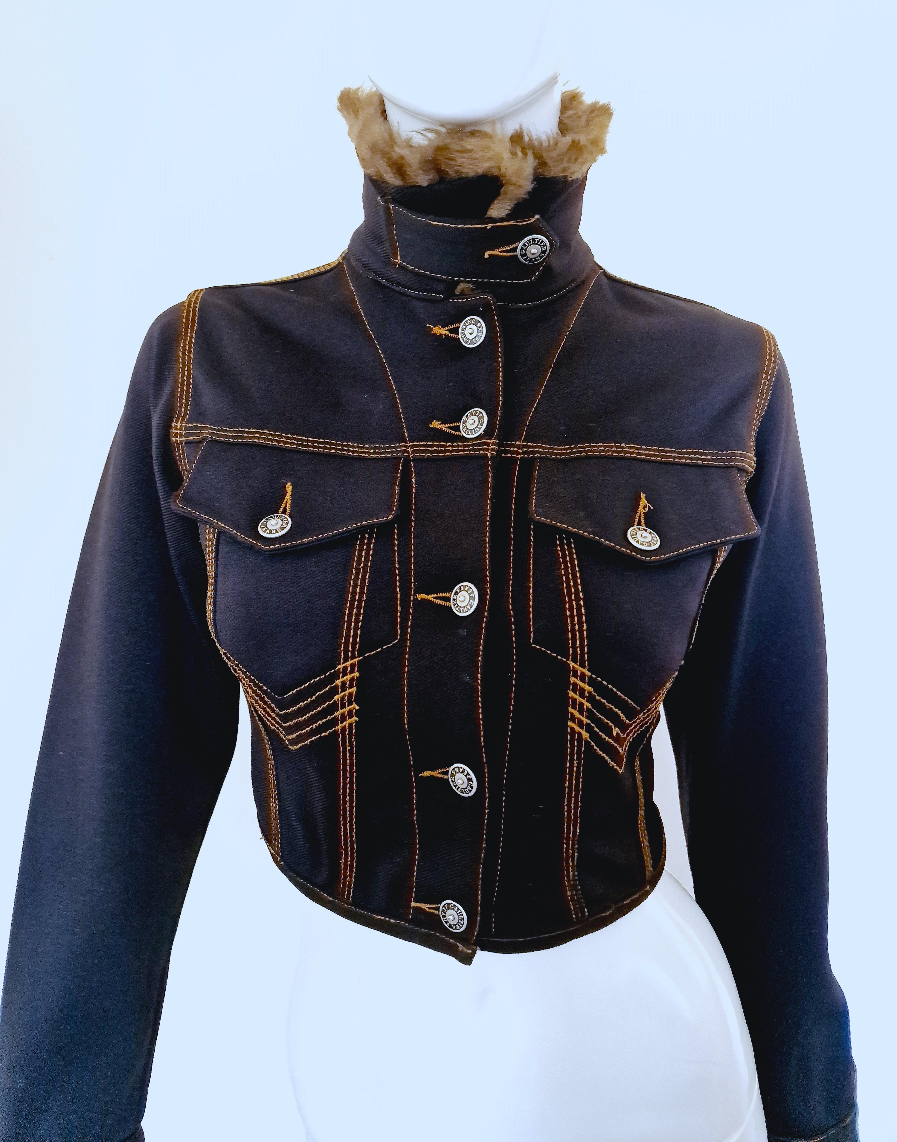 Women's Jean Paul Gaultier Denim Fake Fur Collar Blue Woman Women XS Small Crop Jacket For Sale