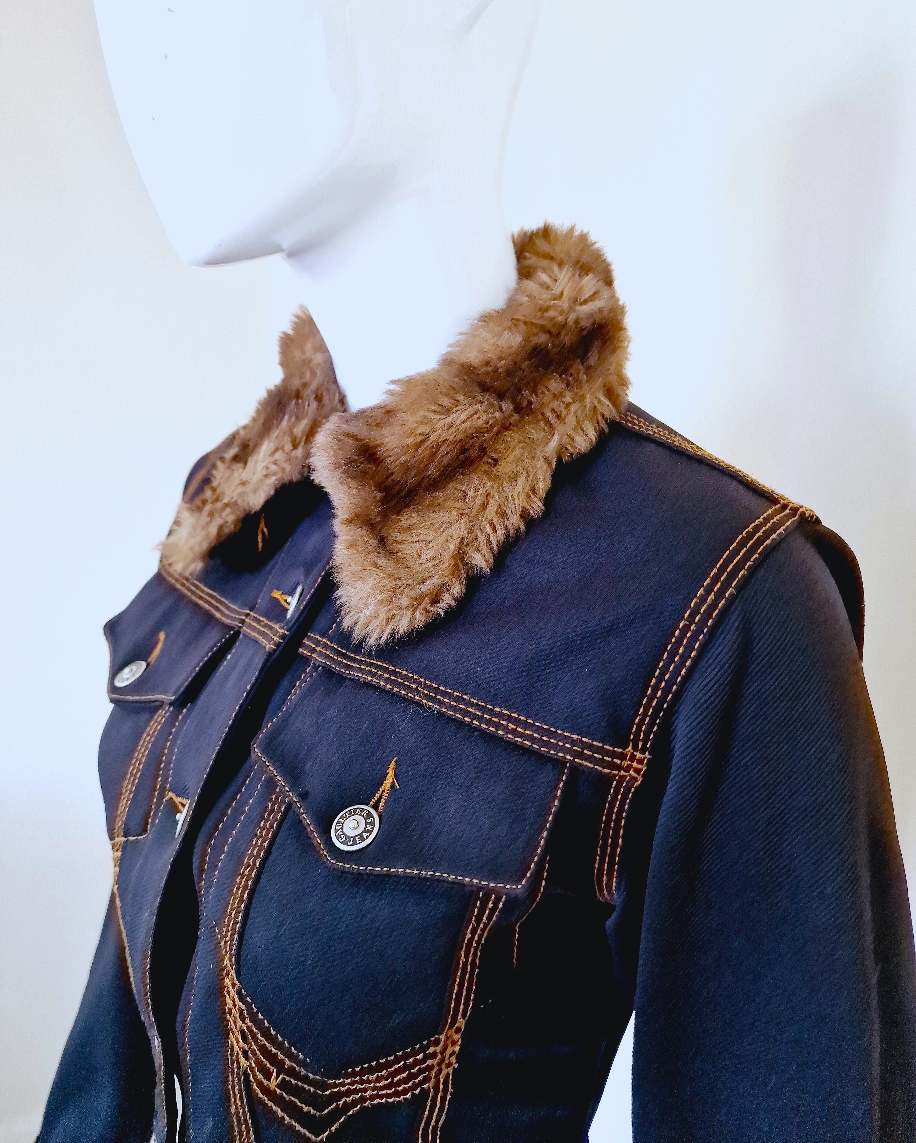 Jean Paul Gaultier Denim Fake Fur Collar Blue Woman Women XS Small Crop Jacket For Sale 4