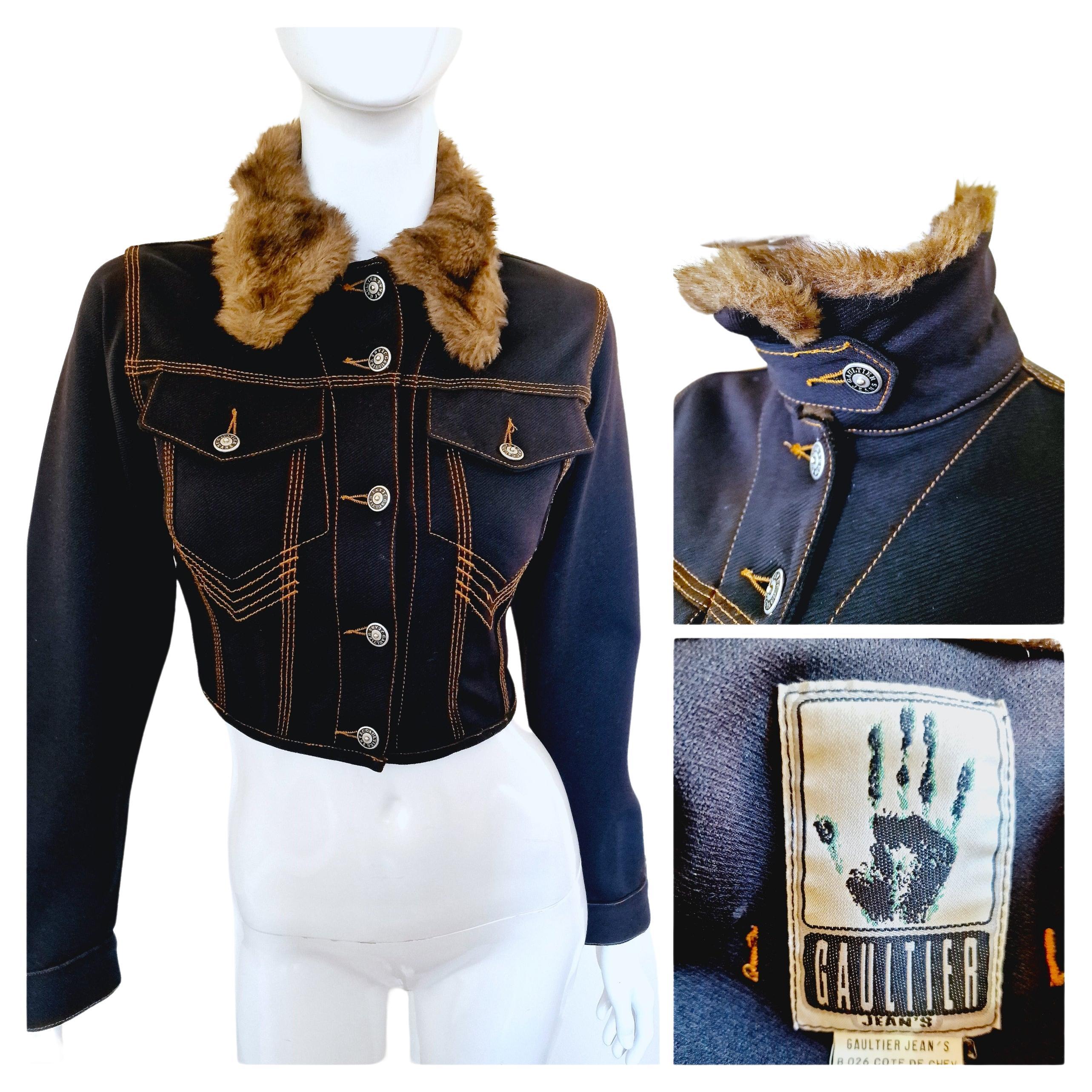 Jean Paul Gaultier Denim Fake Fur Collar Blue Woman Women XS Small Crop Jacket For Sale