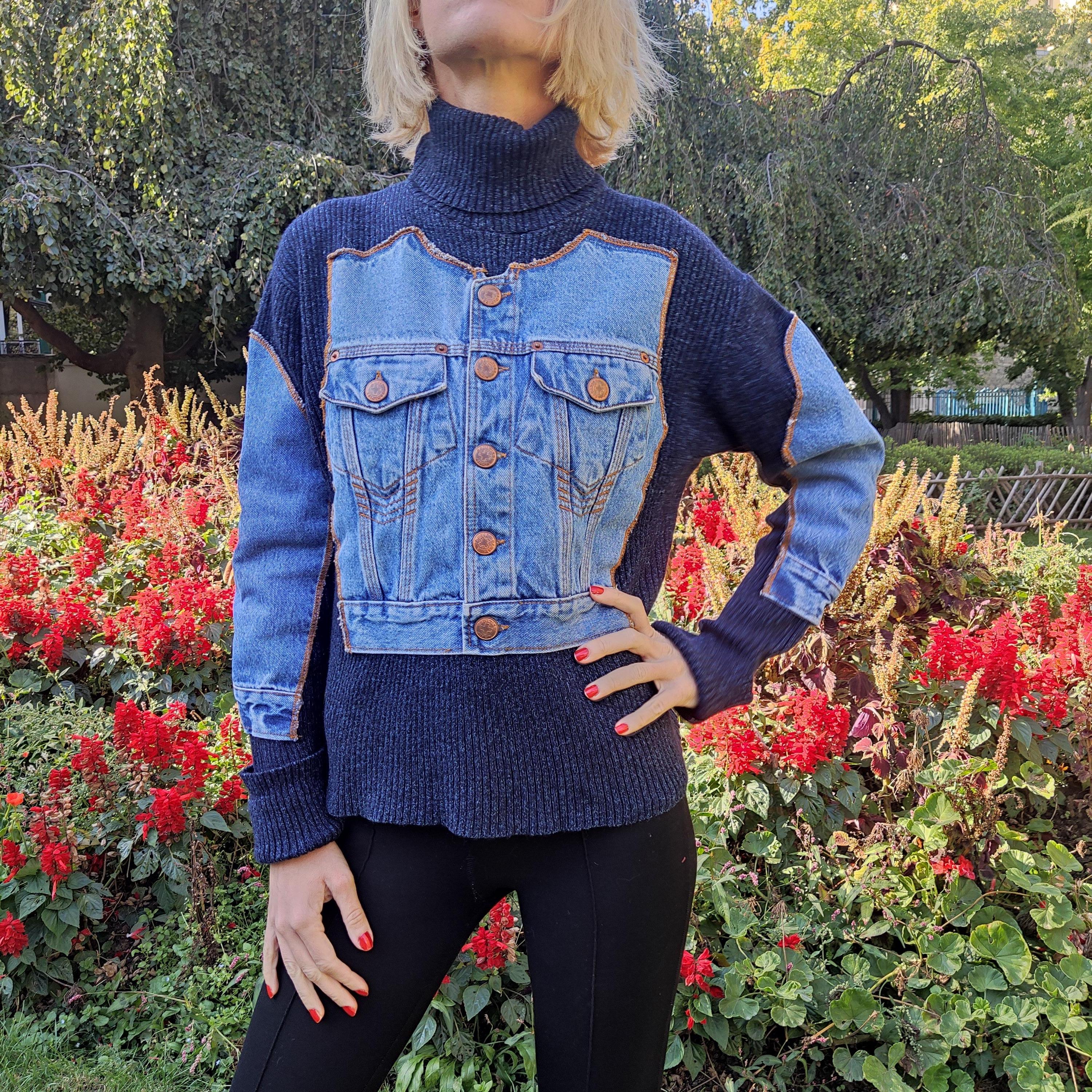 Jean Paul Gaultier Denim Jeans Blue Optical Illusion Tattoo 1994 Sweater Jacket In Excellent Condition In PARIS, FR