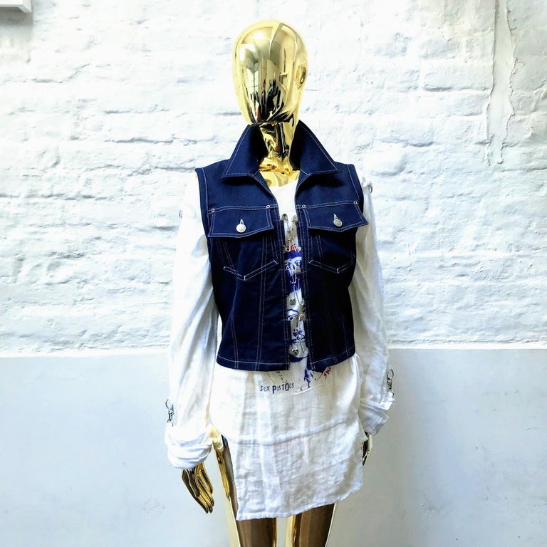 Jean Paul Gaultier Denim Pin Waistcoat made in France. 

Jean Paul Gaultier disrupted the rarefied world of couture with his transgressive vision of beauty.

Inspired by punks, burlesque, screen goddesses, gender-benders, fetishists and subcultures