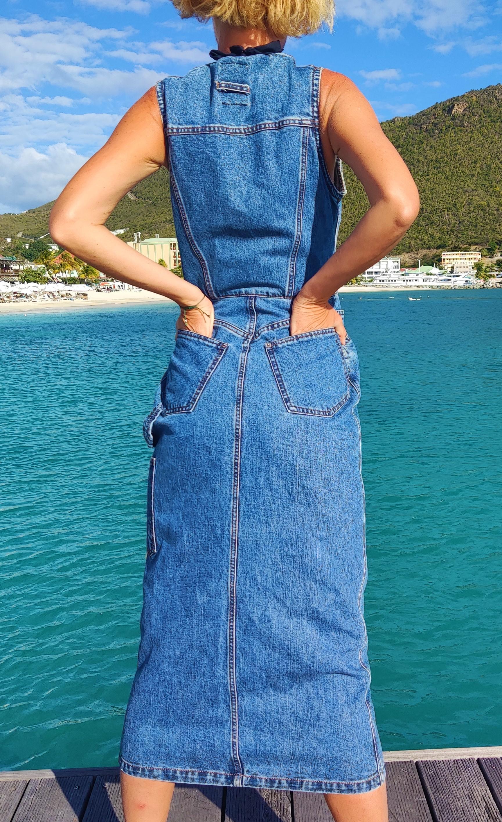 Jean Paul Gaultier Denim Vintage Jeans Blau Cutout Cut Out Romper Jumpsuit Kleid mit Ausschnitt im Zustand „Hervorragend“ im Angebot in PARIS, FR