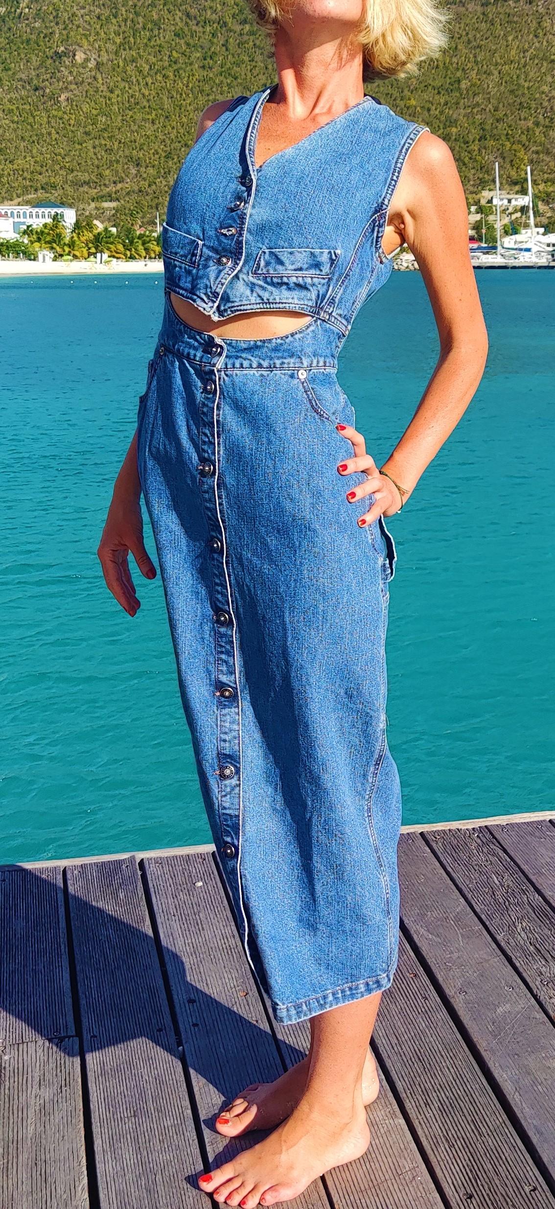 Jean Paul Gaultier Denim Vintage Jeans Blau Cutout Cut Out Romper Jumpsuit Kleid mit Ausschnitt im Angebot 2