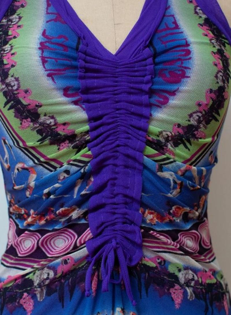 Women's Jean Paul Gaultier  Diver  Tropical Parrot Mesh Purple Ruffled Swimmers Dress  For Sale