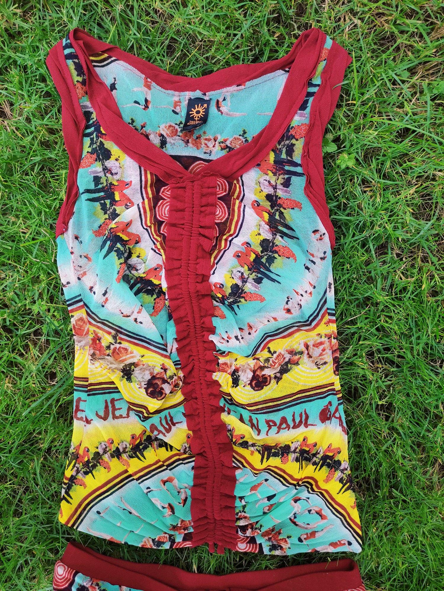 Jean Paul Gaultier  Diving Parrot Bird Tropical Swimmers Ruffled Mesh Dress Top For Sale 5