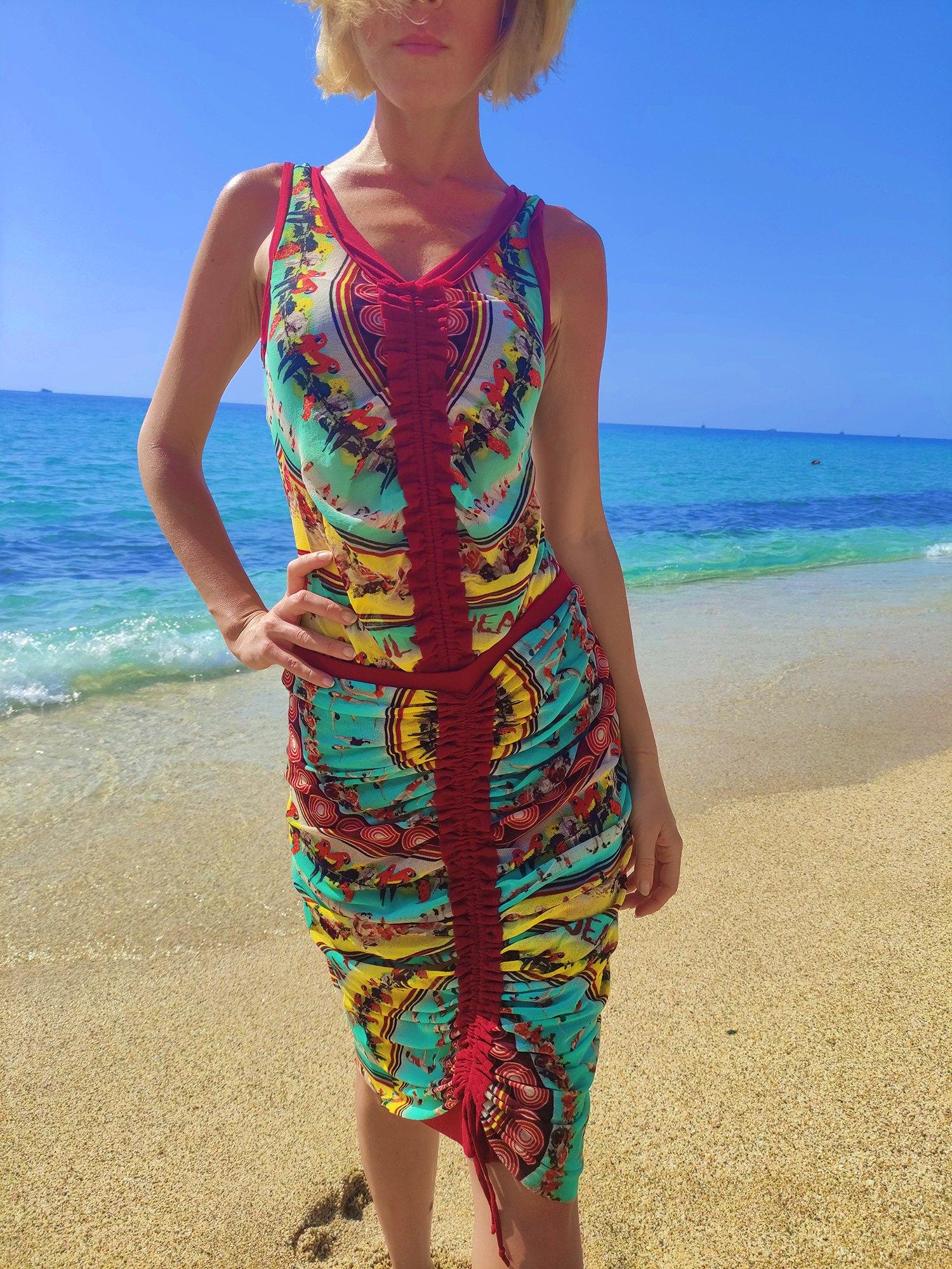 Women's Jean Paul Gaultier  Diving Parrot Bird Tropical Swimmers Ruffled Mesh Dress Top For Sale