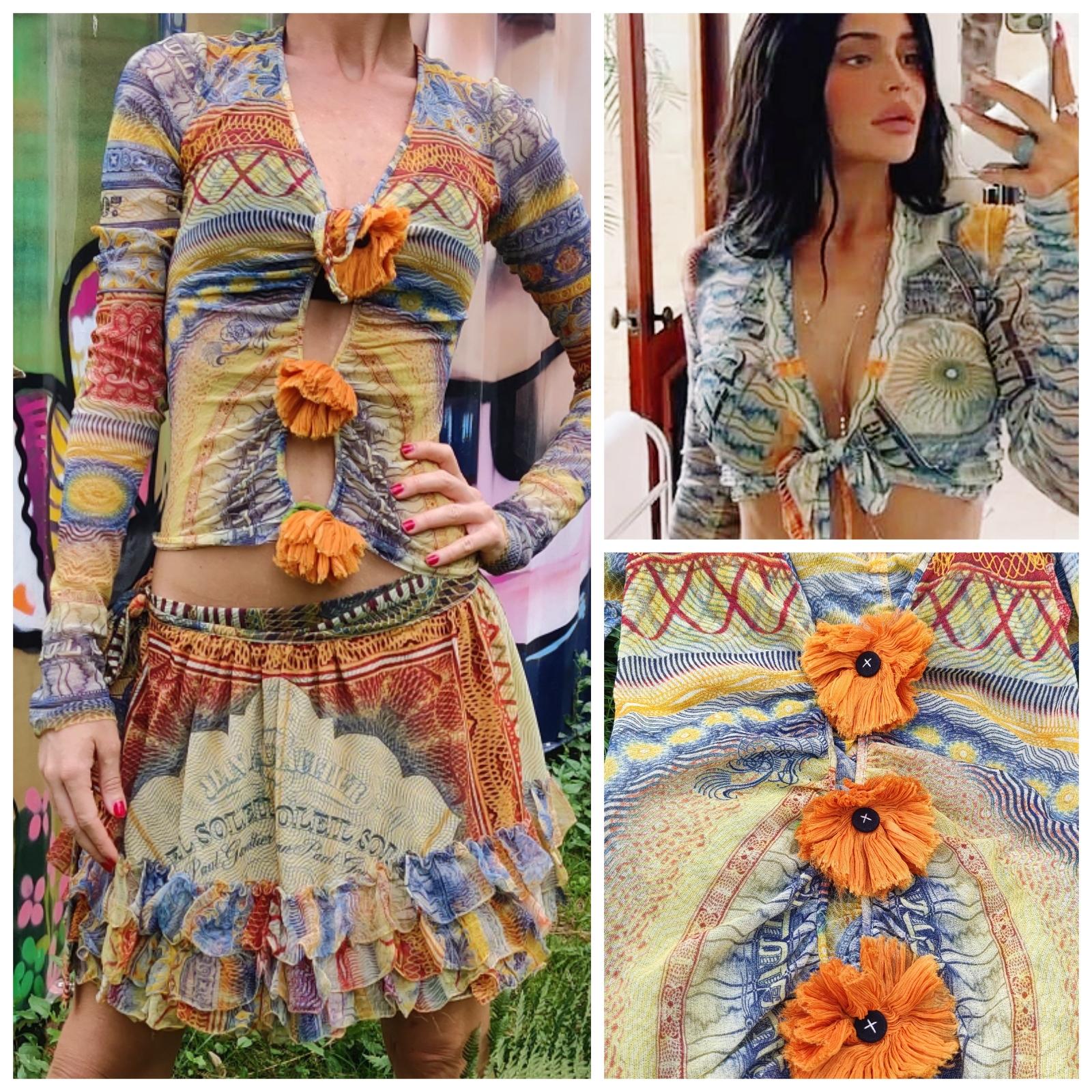 Iconic money print mesh dress by Jean Paul Gaultier!
Kendall Jenner worn the same pattern in her holiday. Check the photos :) 

Skirt + top!

VERY GOOD condition!

Open front! The top has 3 sunflower decorations, under the flowers there are buttom
