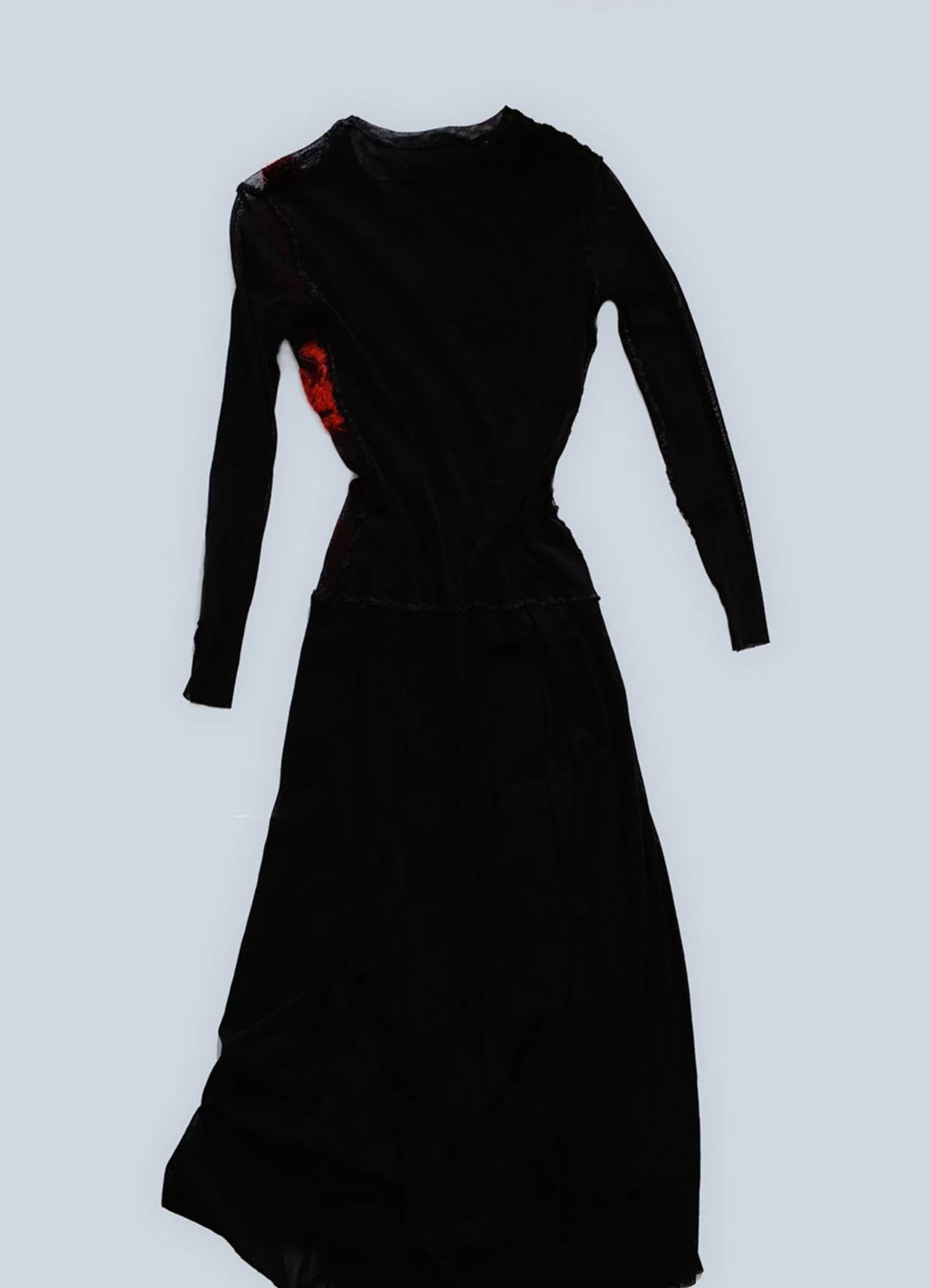Jean Paul Gaultier Dress Mesh Black Sheer Red Writing Calligraphy 90s Vintage  In Good Condition For Sale In Berlin, BE