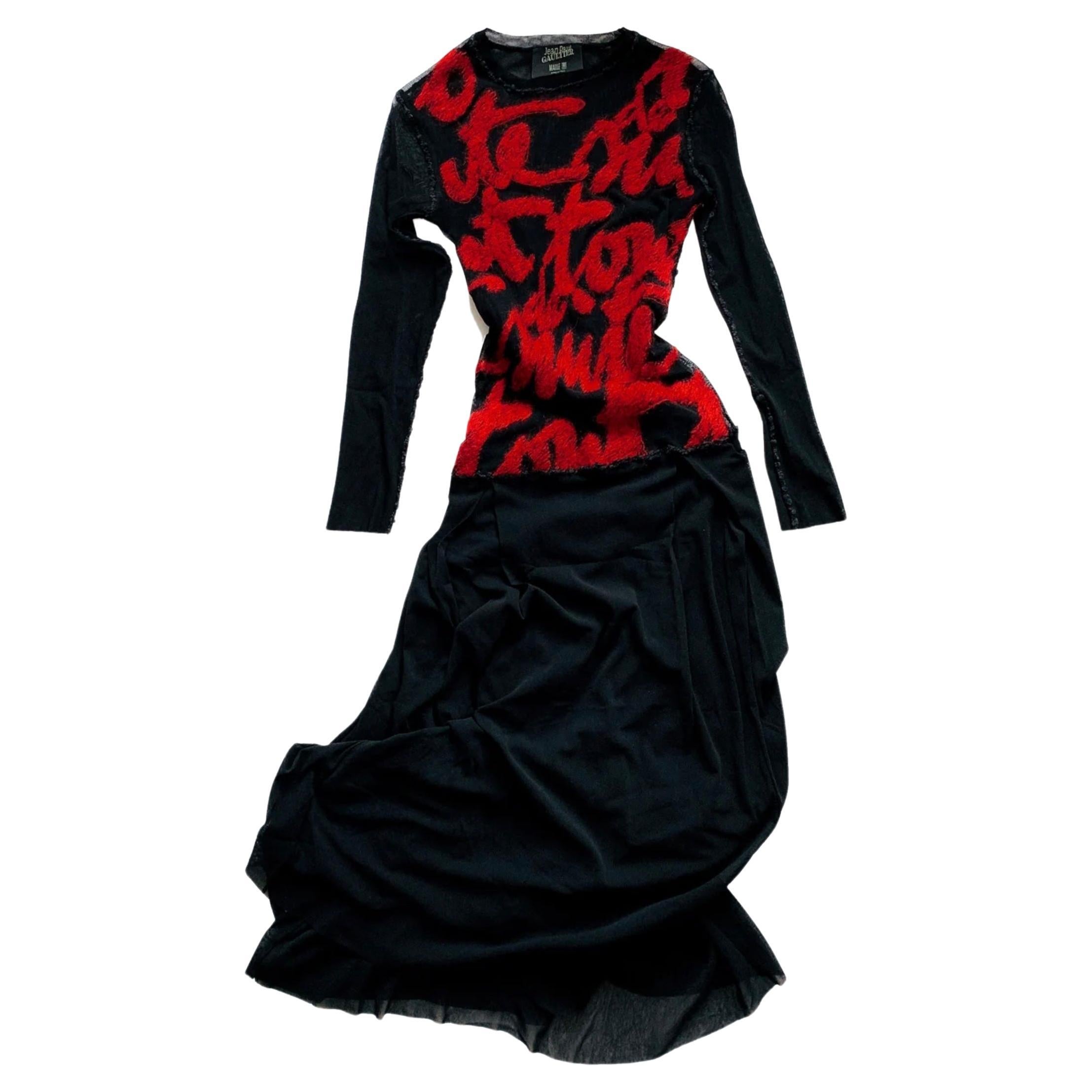 Jean Paul Gaultier Dress Mesh Black Sheer Red Writing Calligraphy 90s Vintage  For Sale