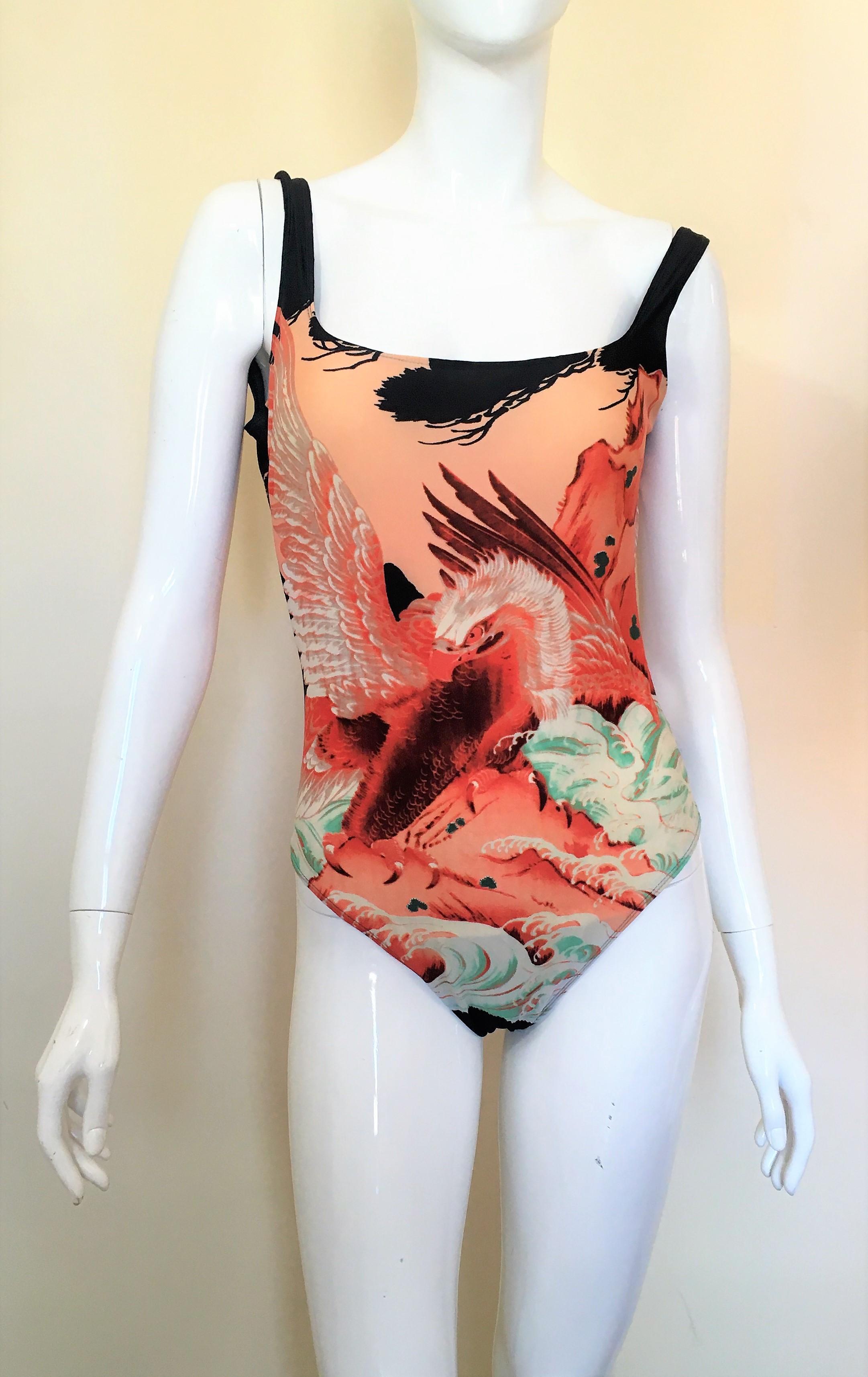 Jean Paul Gaultier Eagle Koi Fish Kendall Jenner Bikini One Piece Body Swimsuit (Beige)