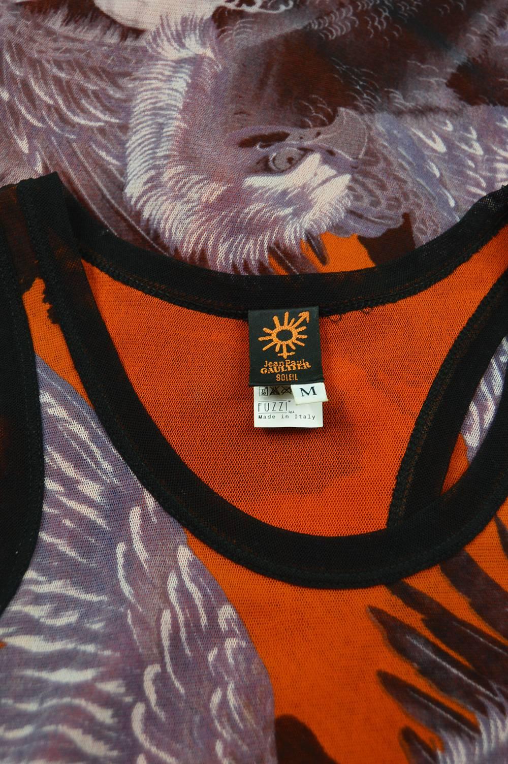 Jean Paul Gaultier Eagle Print Fuzzi Sleeveless Orange Mesh Maxi Dress 3
