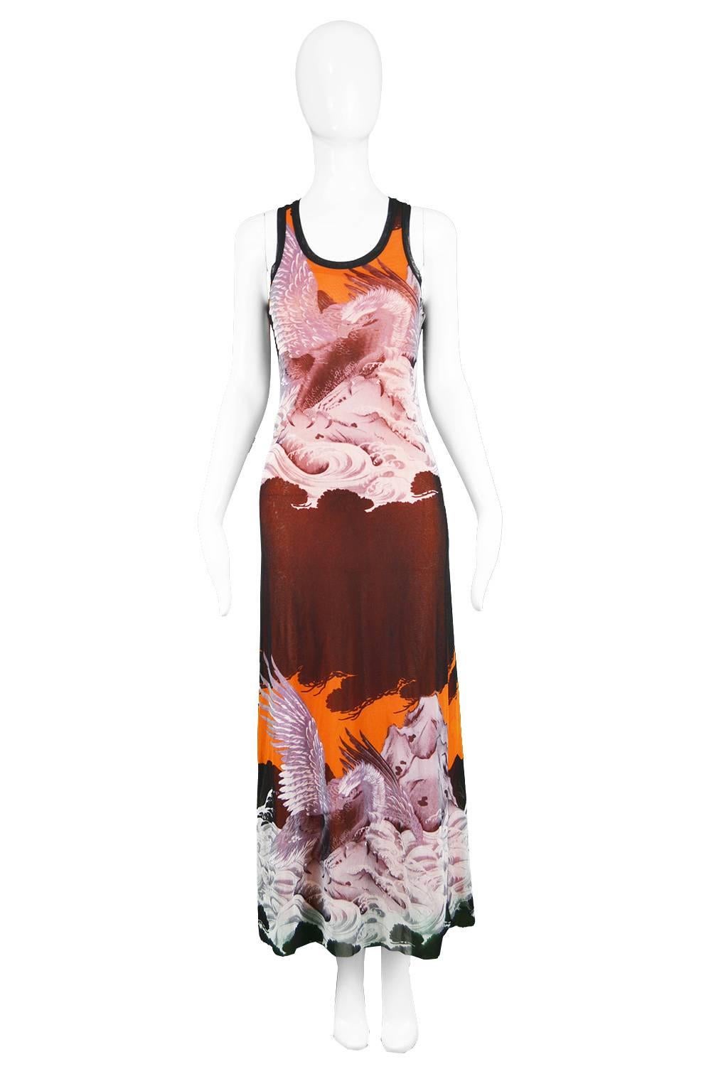 Jean Paul Gaultier Eagle Print Fuzzi Sleeveless Orange Mesh Maxi Dress

Estimated Size: UK 8-10/ US 4-6/ EU 36-38. Please check measurements.
Bust - 32” / 81cm
Waist - 26” / 66cm
Hips - 36” / 91cm
Length (Shoulder to Hem) - 54” / 137cm
Note: Item is
