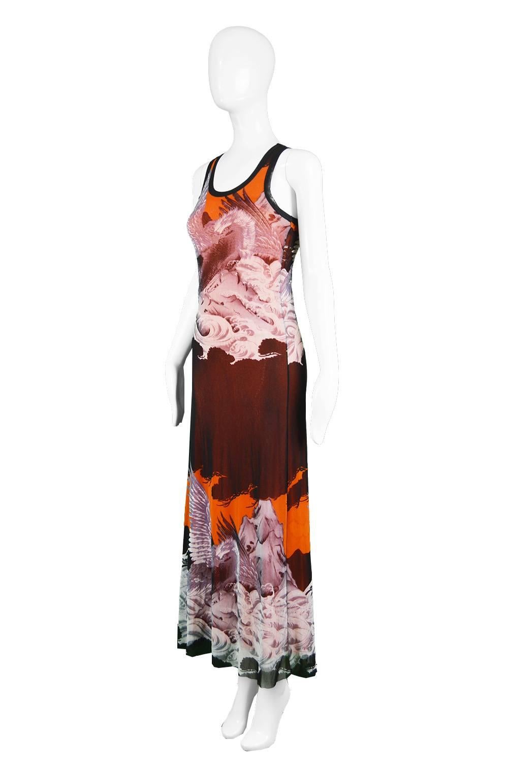 Jean Paul Gaultier Eagle Print Fuzzi Sleeveless Orange Mesh Maxi Dress In Excellent Condition In Doncaster, South Yorkshire