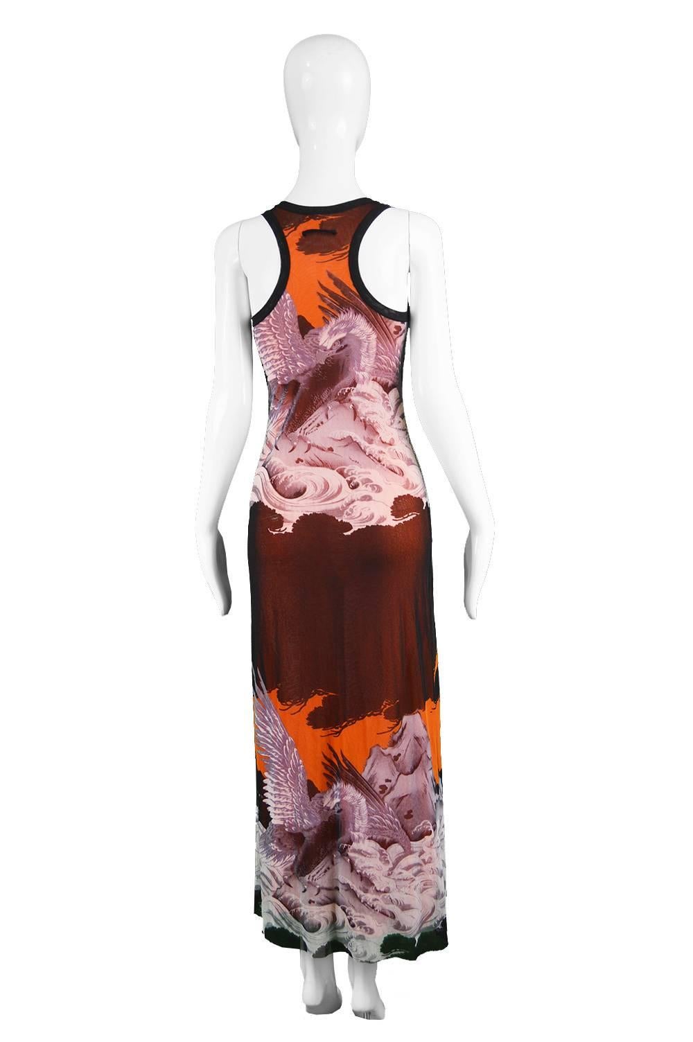 Jean Paul Gaultier Eagle Print Fuzzi Sleeveless Orange Mesh Maxi Dress 2