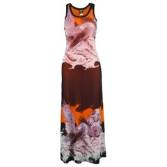 Vintage Jean Paul Gaultier Eagle Print Fuzzi Sleeveless Orange Mesh Maxi Dress