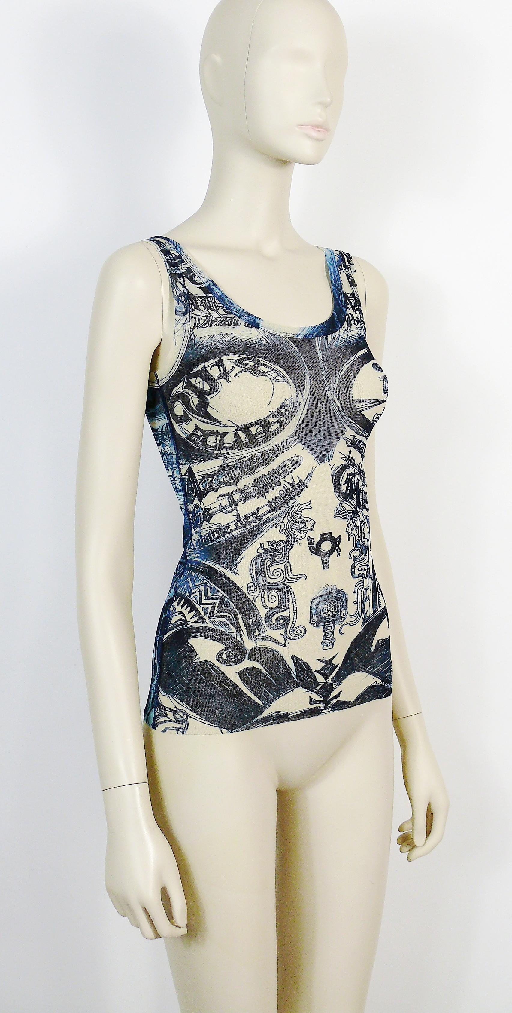 JEAN PAUL GAULTIER sheeer mesh tank top featuring a blue Mayas tattoo print body illusion with 2012 Eclipse messages.

Label reads JEAN PAUL GAULTIER SOLEIL.
Made in Italy.

Size label reads : XS.
Please check measurements.

Composition tag reads :