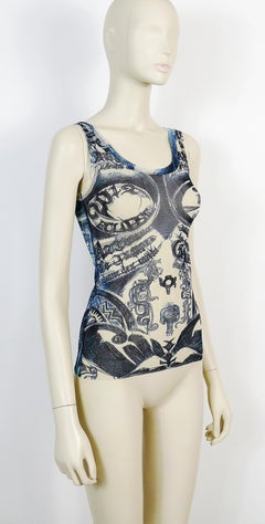 Jean Paul Gaultier Eclipse 2012 Mayas Sheer Mesh Tattoo Print Tank Top Size XS
