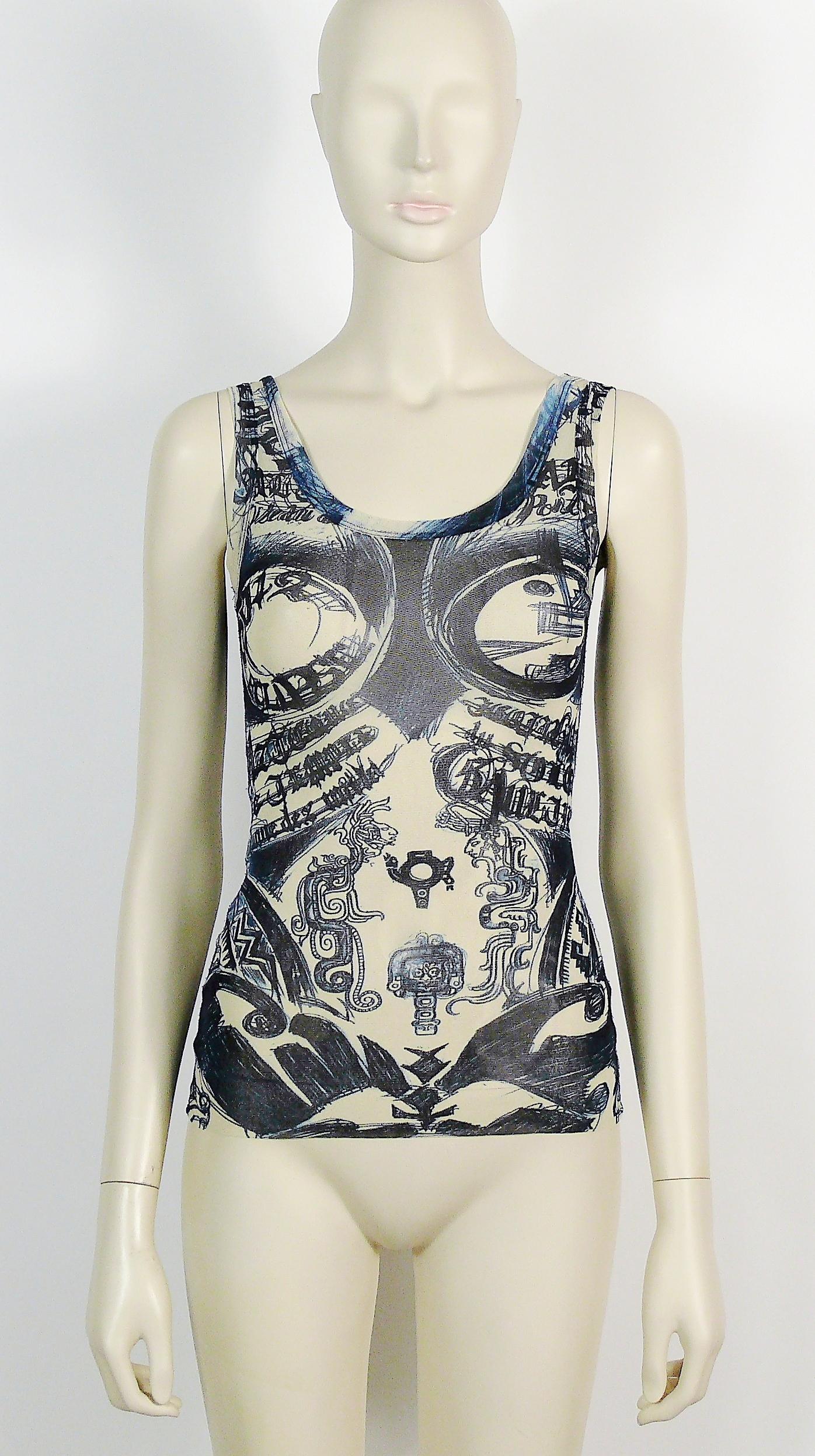 Black Jean Paul Gaultier Eclipse 2012 Mayas Sheer Mesh Tattoo Print Tank Top Size XS