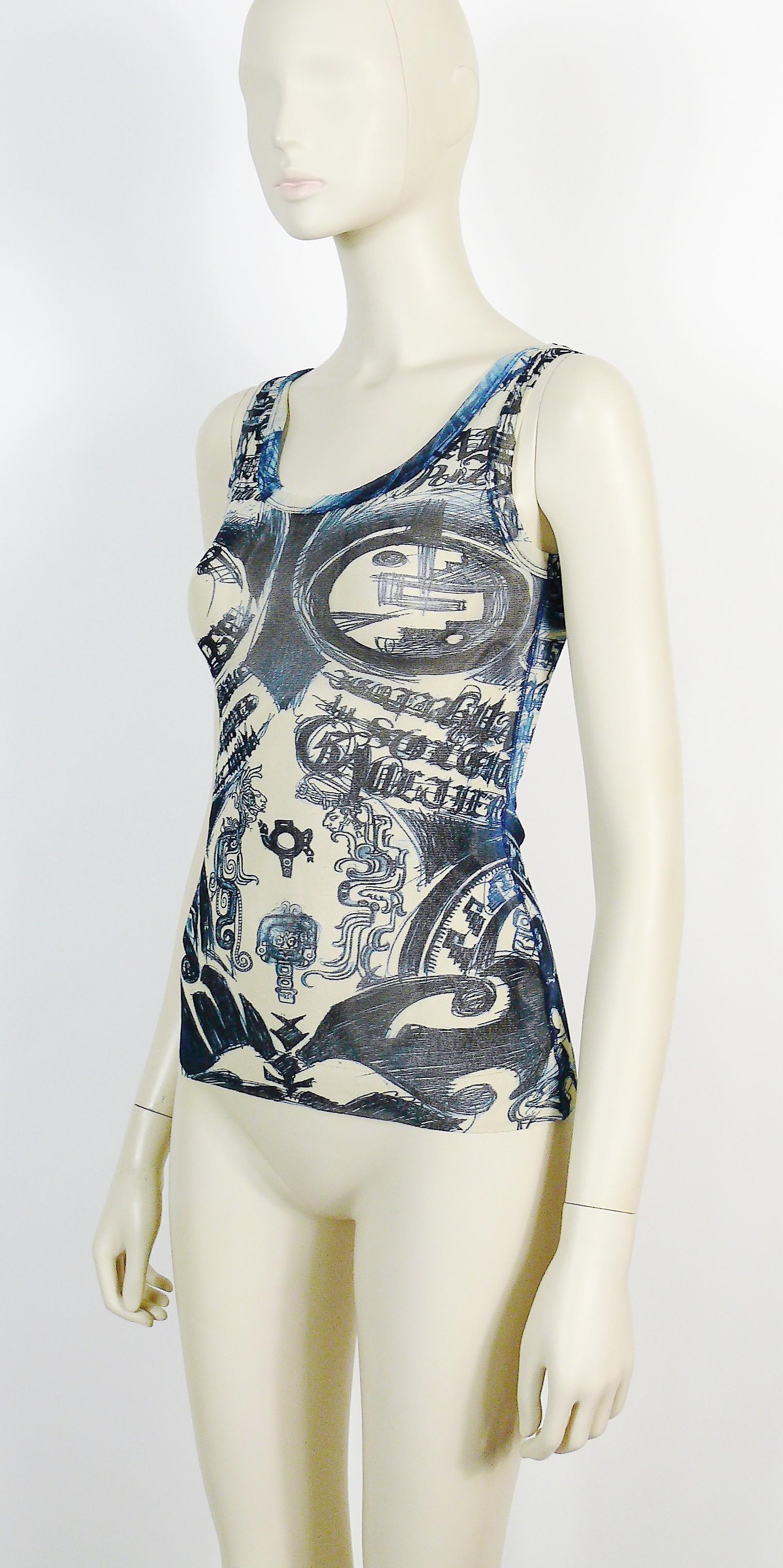 Women's Jean Paul Gaultier Eclipse 2012 Mayas Sheer Mesh Tattoo Print Tank Top Size XS