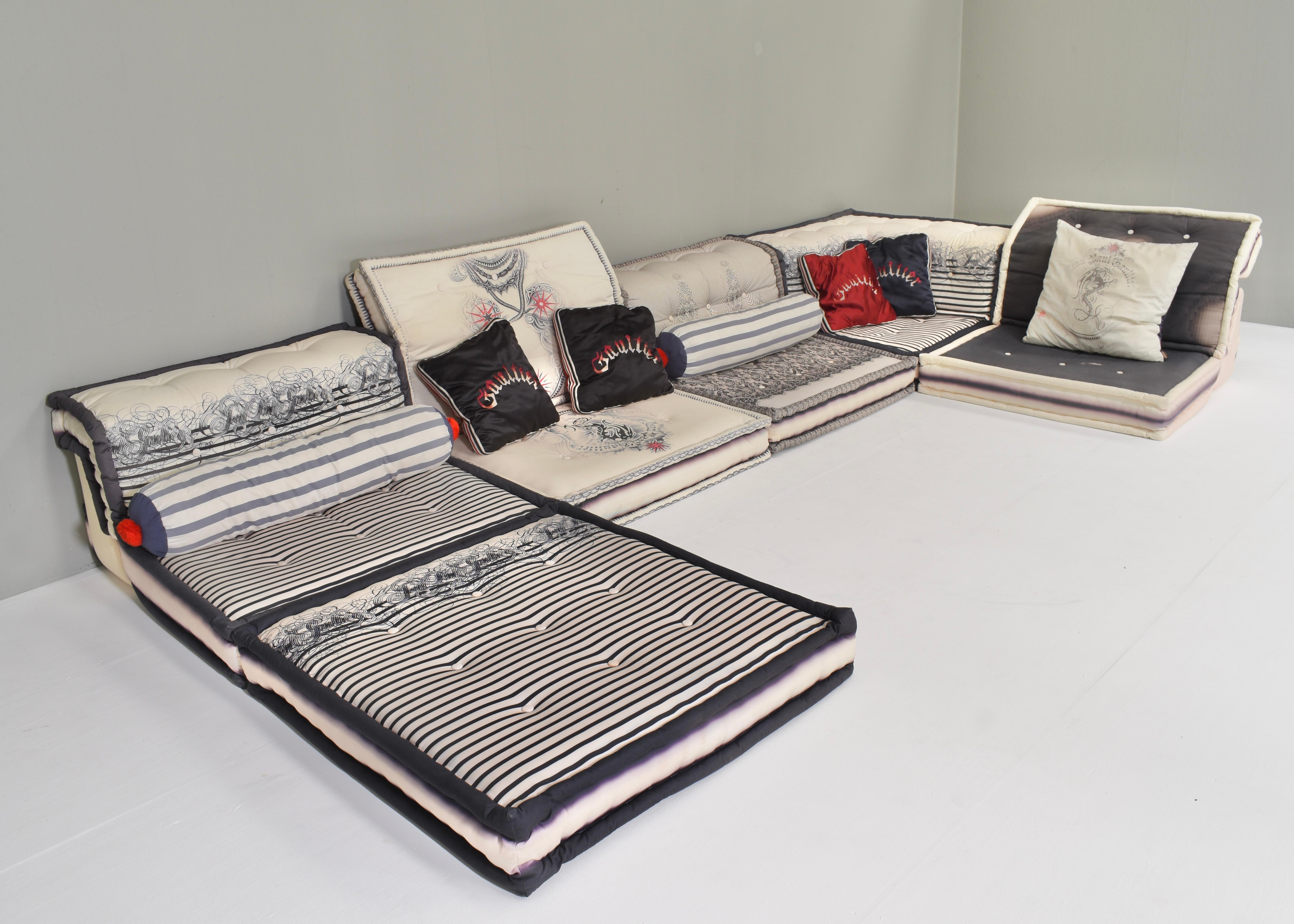 Very rare Jean Paul Gaultier edition Mah Jong sofa by Hans Hopfer for Roche Bobois. 
Jean Paul Gaultier specially designed the fabrics for the Roche Bobois 'Mah Jong' sofa. The Gaultier Mah jong pieces can be used in combination with other Mah Jong