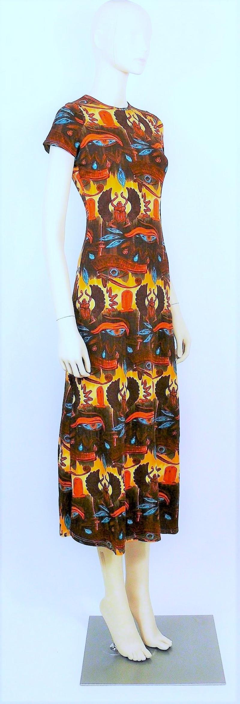 Jean Paul Gaultier Egypt Egyptian Brown Tattoo Scarab Maxi Small Medium Dress Excellent état - En vente à PARIS, FR