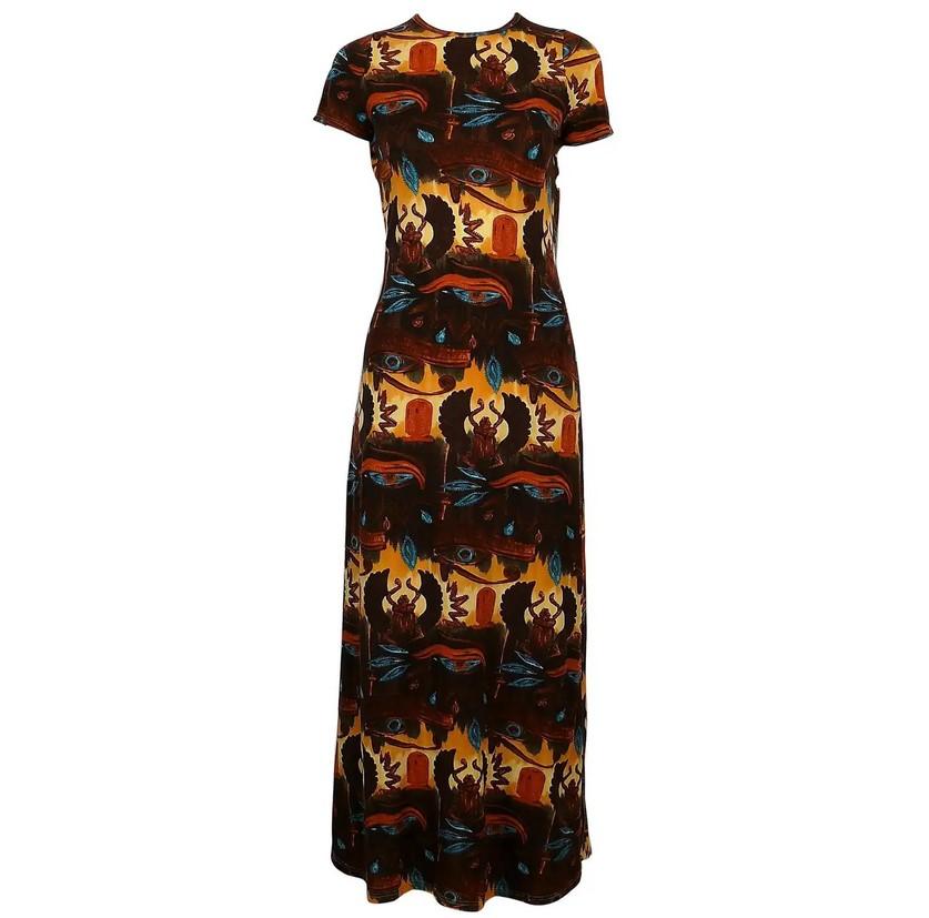 Jean Paul Gaultier Egypt SS 1997 Eye of Horus Scarab Hieroglyph Print Maxi Dress

Incredible vintage Jean Paul Gaultier dress, from Spring/Summer 1997. Featuring an iconic print consisting of Egyptian inspired imagery- the Eye of Horus, scarabs,