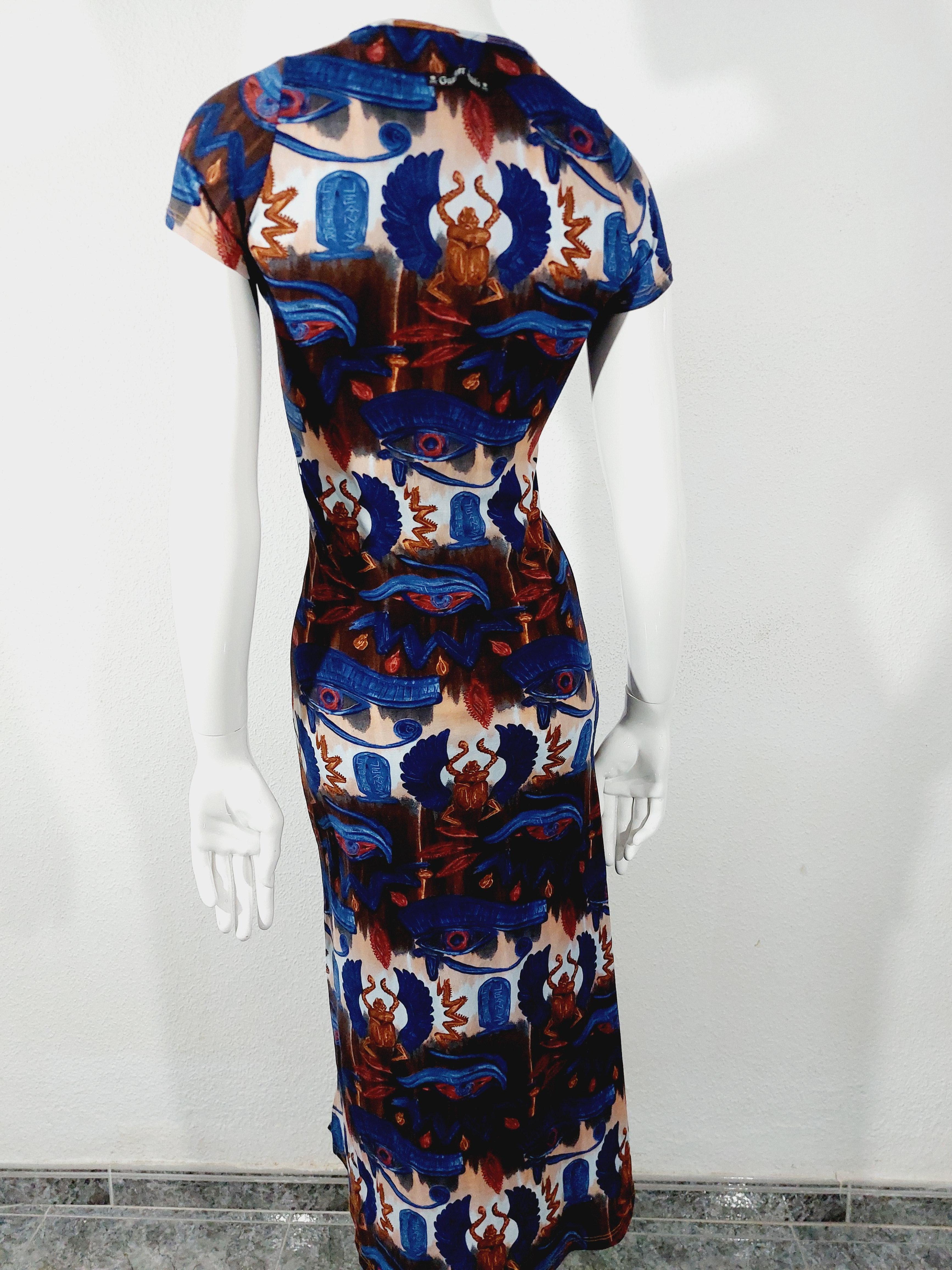 Jean Paul Gaultier Egypt SS 1997 Eye of Horus Scarab Hieroglyph Print Maxi Dress In Excellent Condition For Sale In PARIS, FR