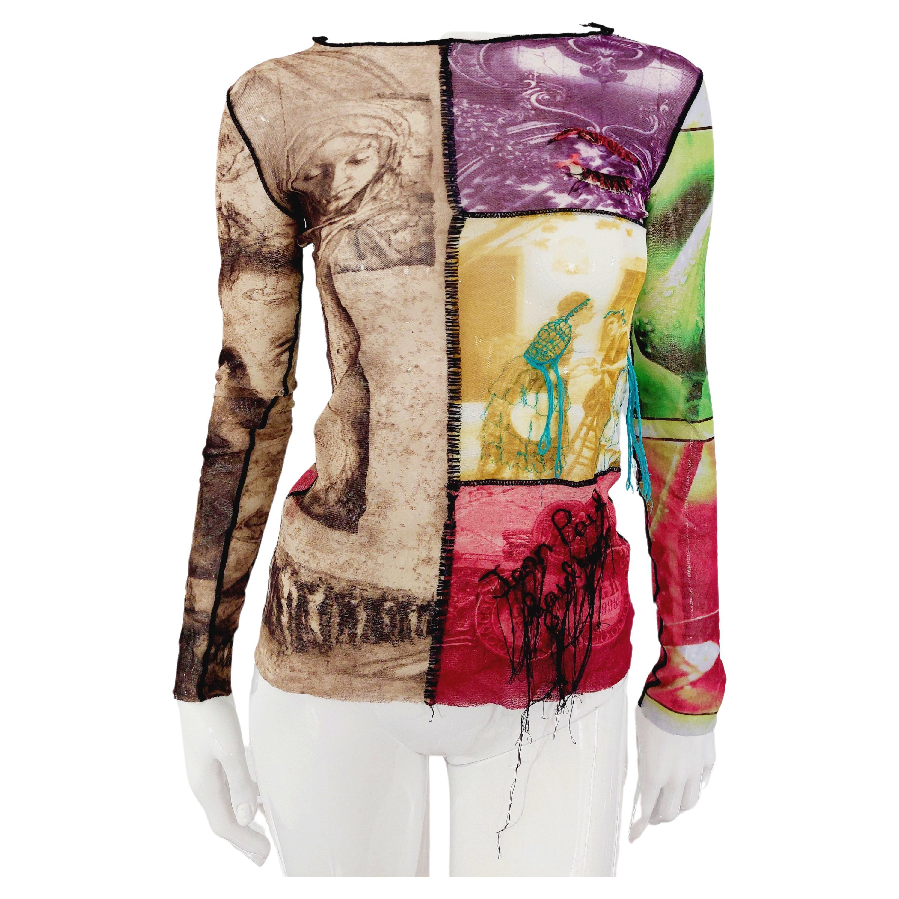 Jean Paul Gaultier Embroidered Eye Applique Thread Patchwork Multicolor Mesh Top For Sale