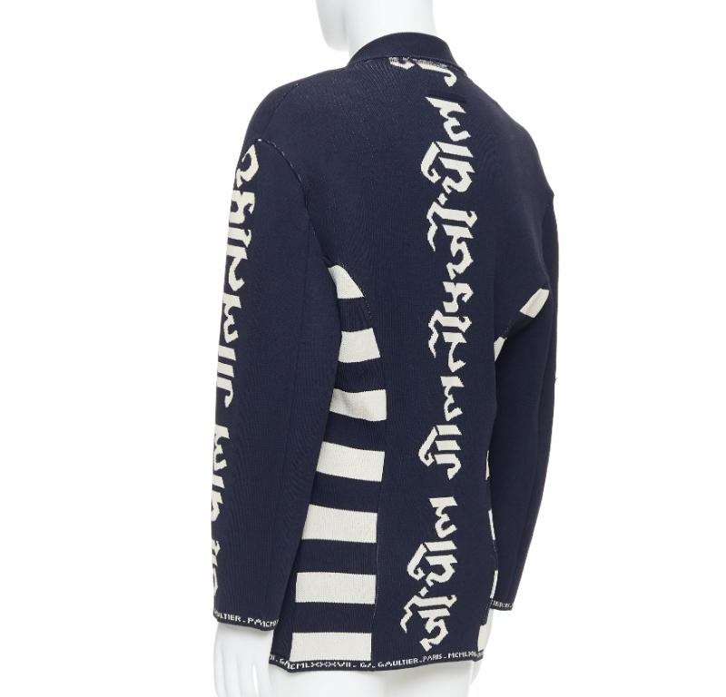 JEAN PAUL GAULTIER EQUATOR 1987 marineblaue weiße schwere Strickjacke FR48 M im Angebot 1