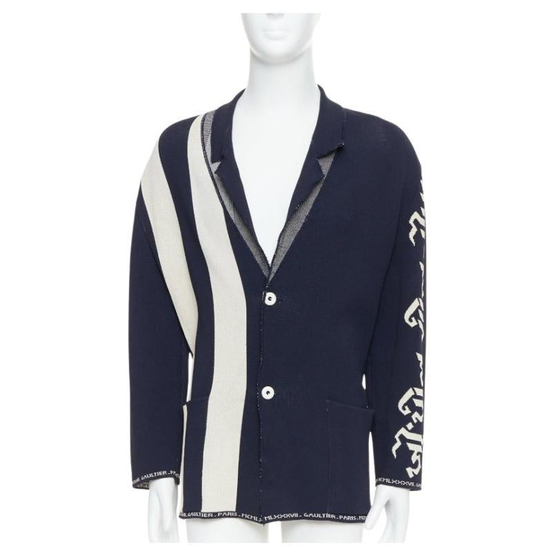 JEAN PAUL GAULTIER EQUATOR 1987 chaqueta gráfica de punto grueso azul marino blanco FR48 M