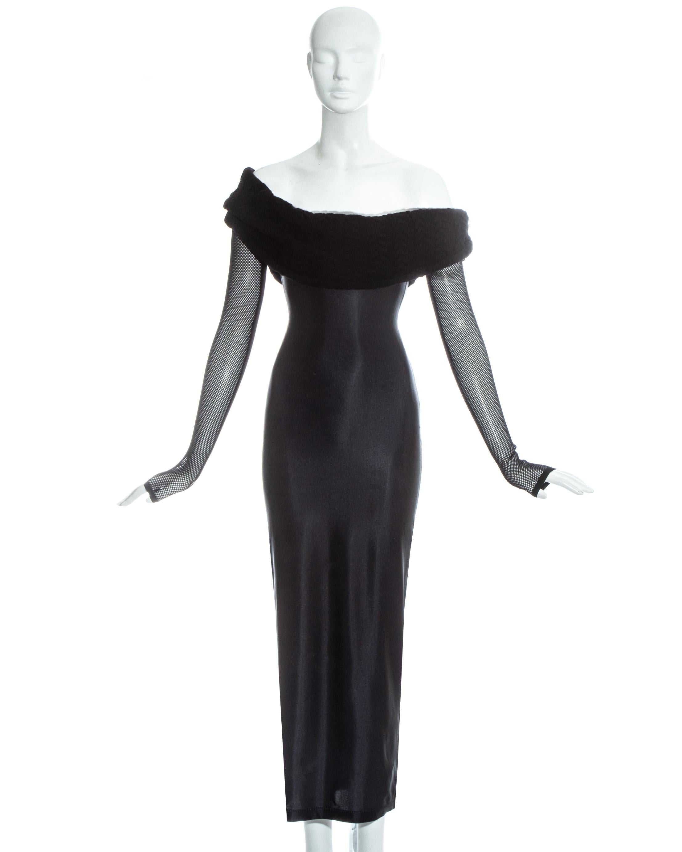 Jean Paul Gaultier, Equator black lycra figure hugging maxi dress with fishnet mesh sleeves and oversized shawl collar. The dress also has a built in tulle ruffles in the bust which can be hidden or shown. 

c. early 1980s