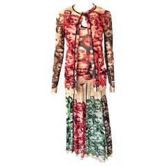 Jean Paul Gaultier H/W 1992 Vintage Faces Mesh Strickjacke, Top & Rock 3 Stück Set aus Mesh