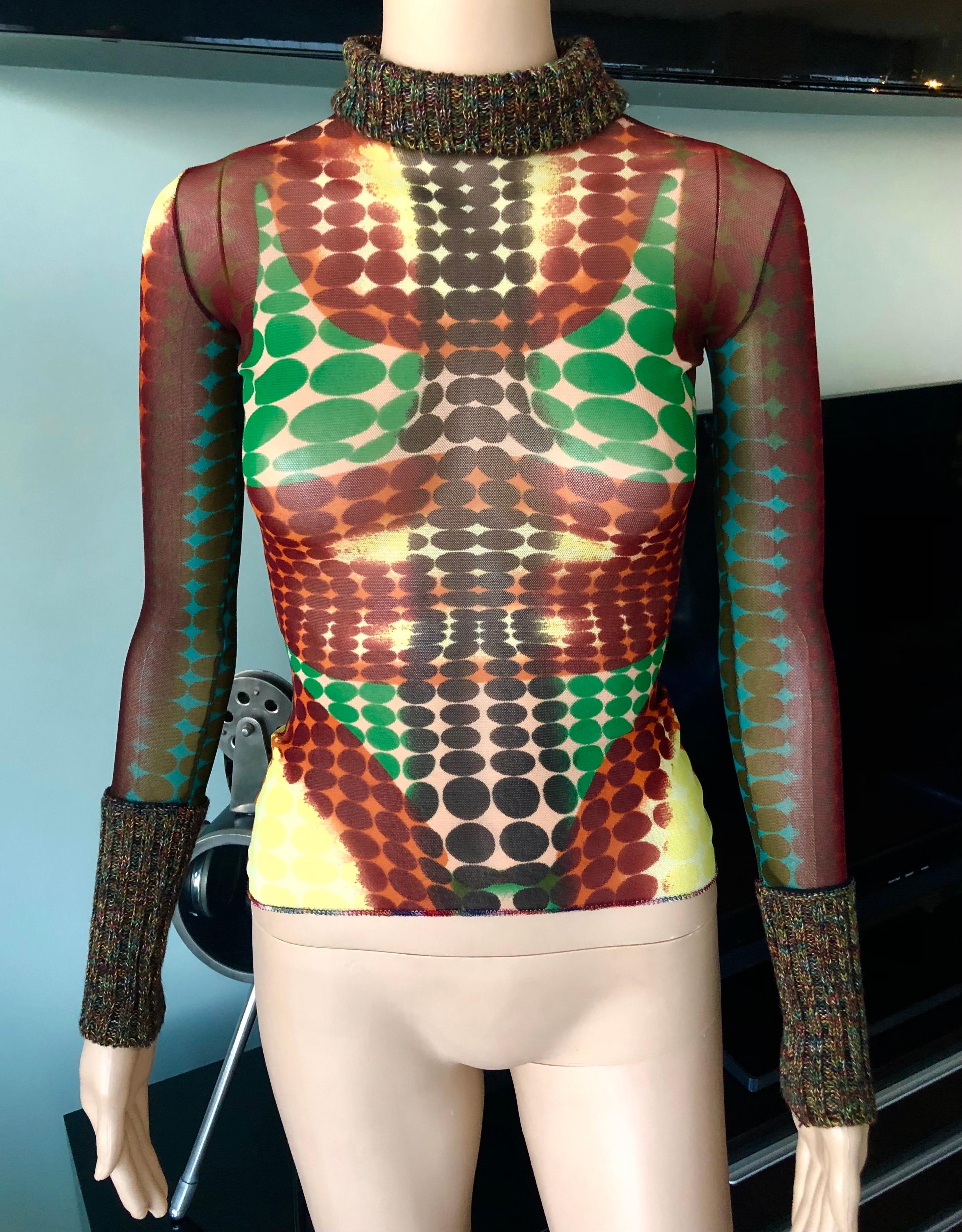 Brown Jean Paul Gaultier F/W 1995 Runway Iconic Cyber Dots Sheer Top  For Sale