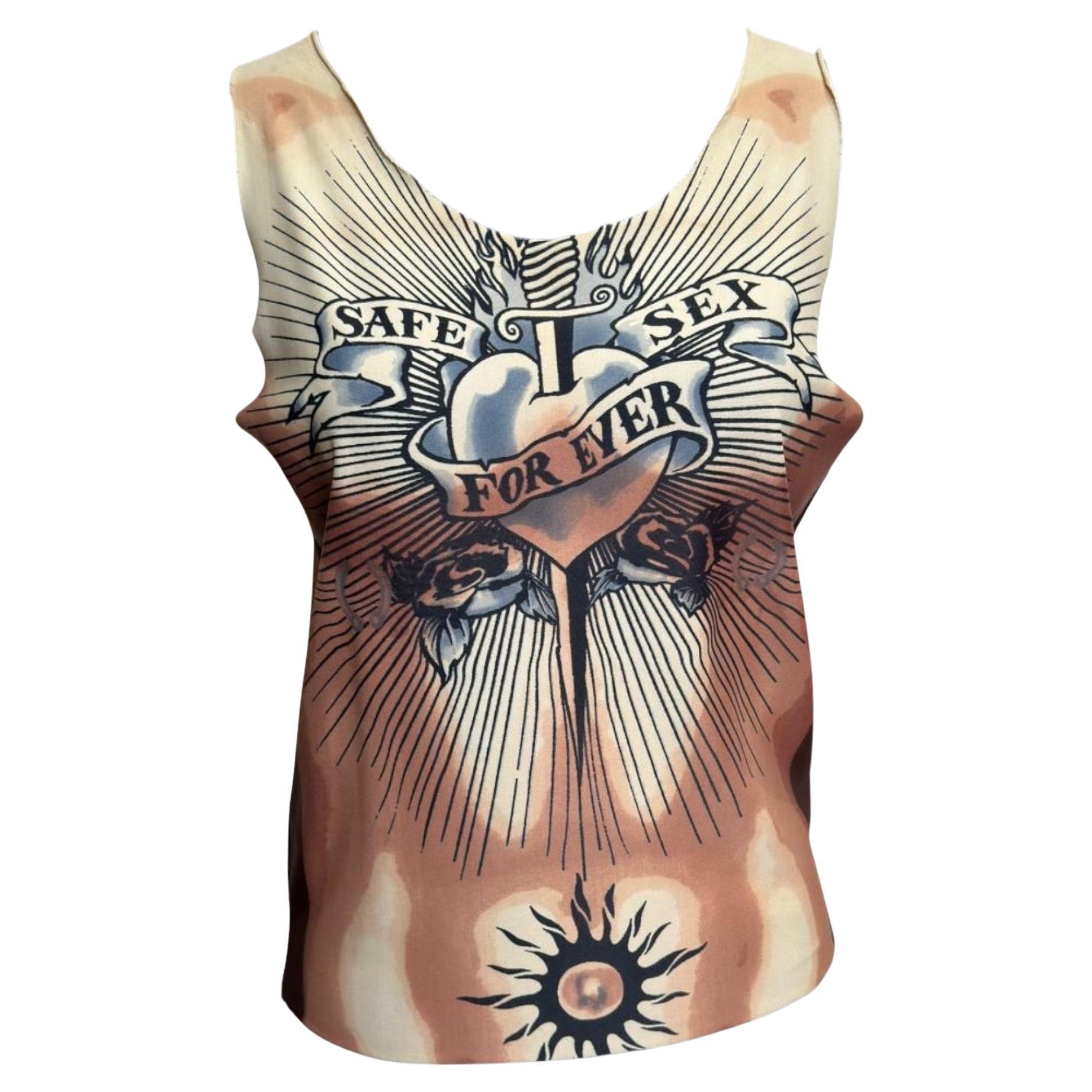 Jean Paul Gaultier F/W 1997 Top de malla estampado Safe Sex Forever