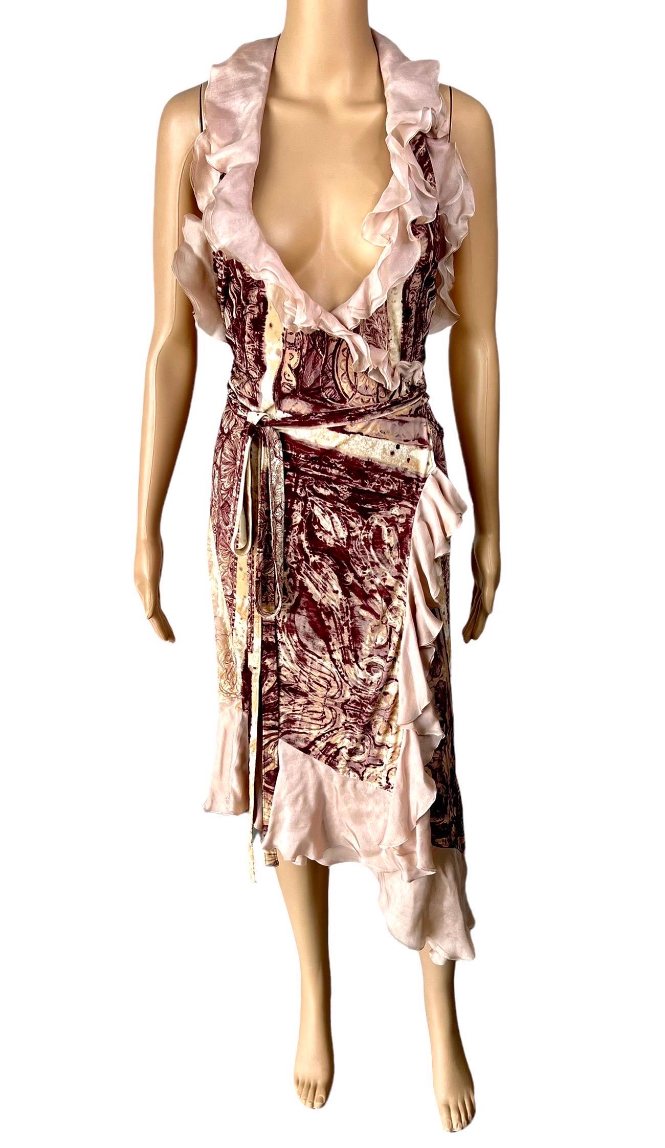 Jean Paul Gaultier F/W 2004 Plunged Wrap Backless Ruffled Abstract Print Midi Dress IT 40
