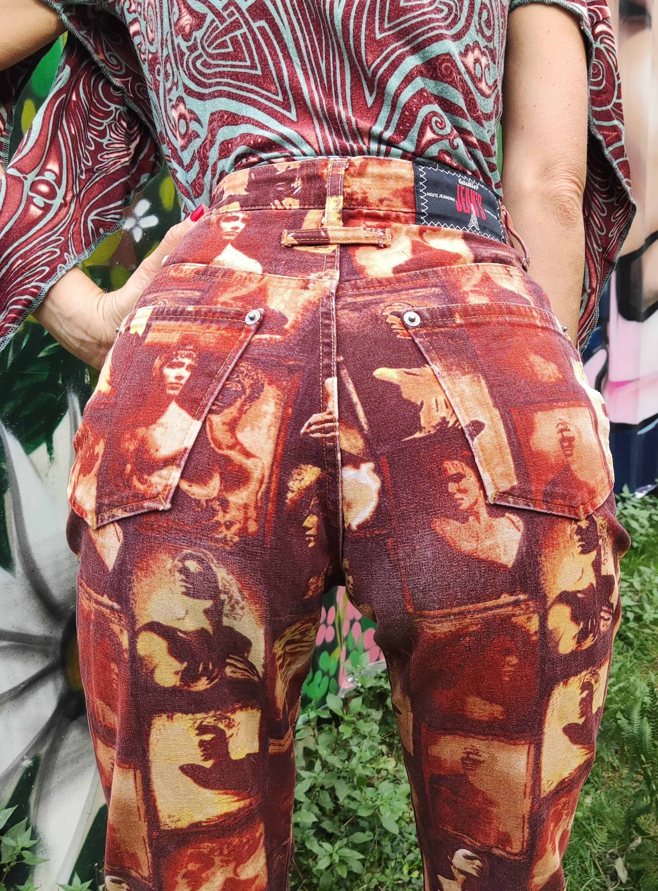 JEAN PAUL GAULTIER vintage pants featuring *Portraits of Beauty* print.
Adonis and Aphrodite!

Gaultier buttons
Gaultier Jean`s tab with Eiffel tower on the back

GOOD CONDITION! Moderatley faded (side, back), but still wonderful to wear! Please,