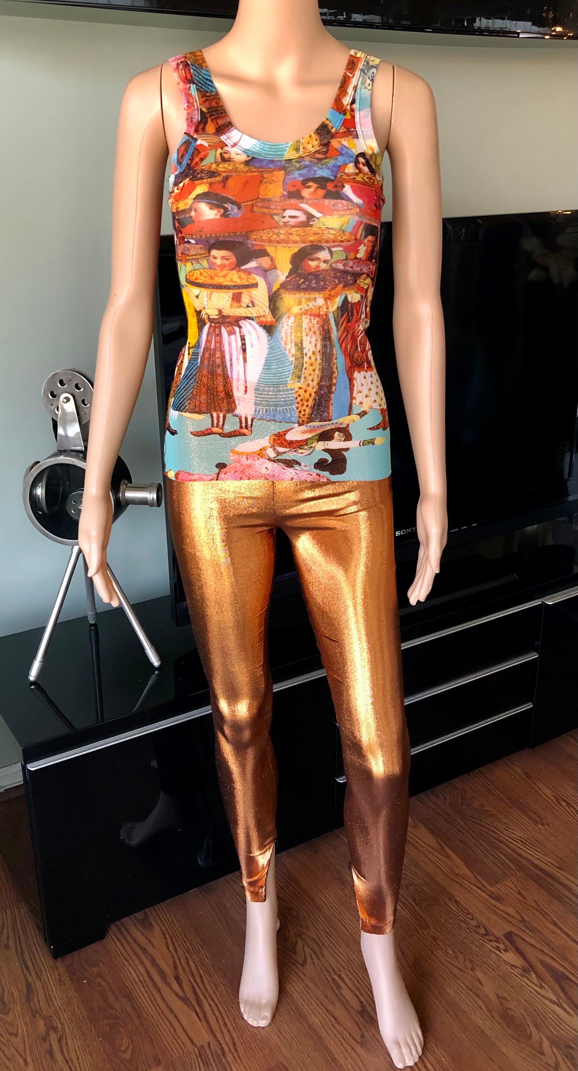 Brown Jean Paul Gaultier Faces People Print Top & Metallic Leggings Pants 2 Piece Set 