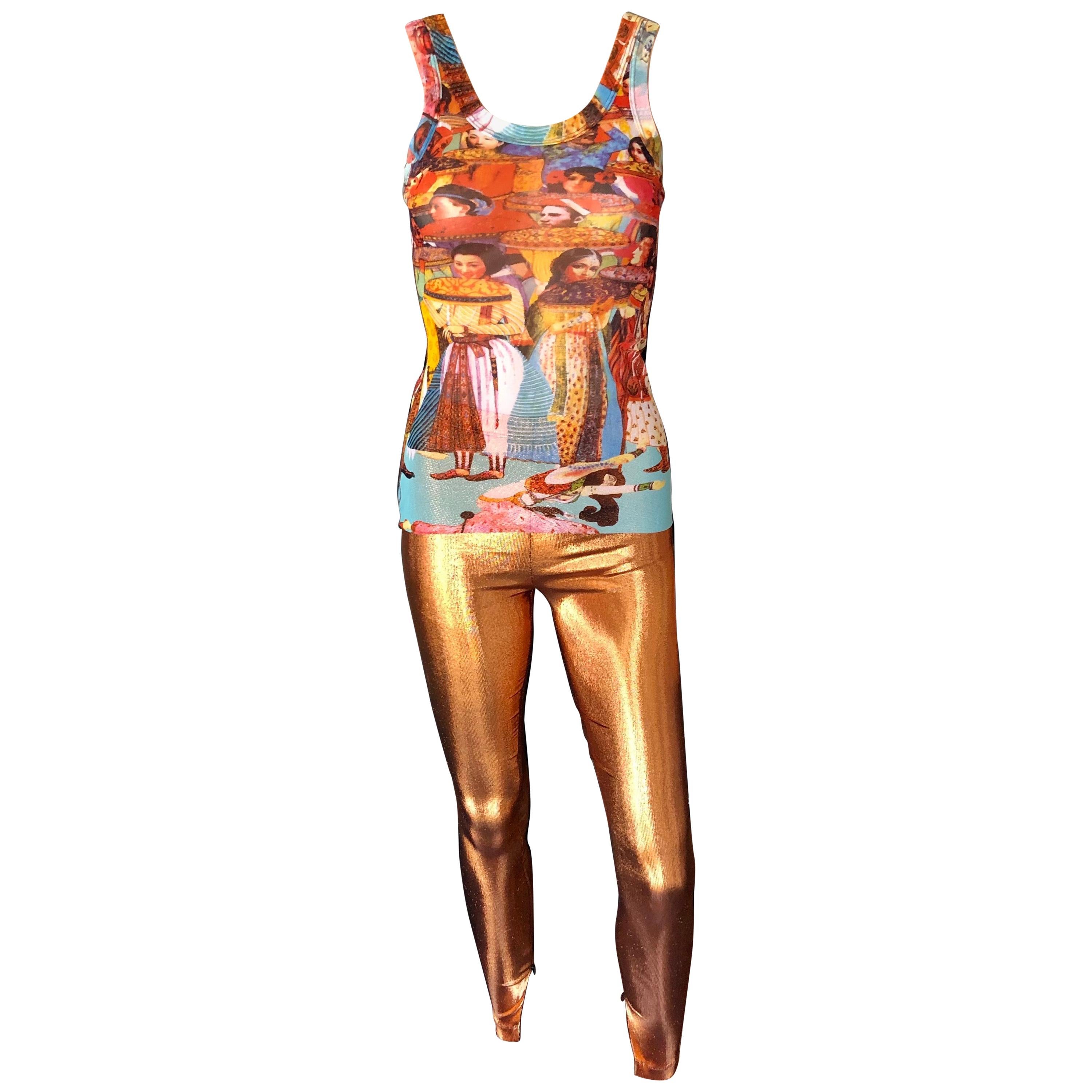 Jean Paul Gaultier Faces People Print Top & Metallic Leggings Pants 2 Piece Set 