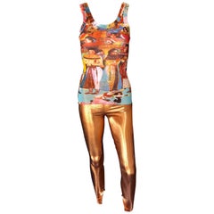 Jean Paul Gaultier Faces People Print Top & Metallic Leggings Pants 2 Piece Set 