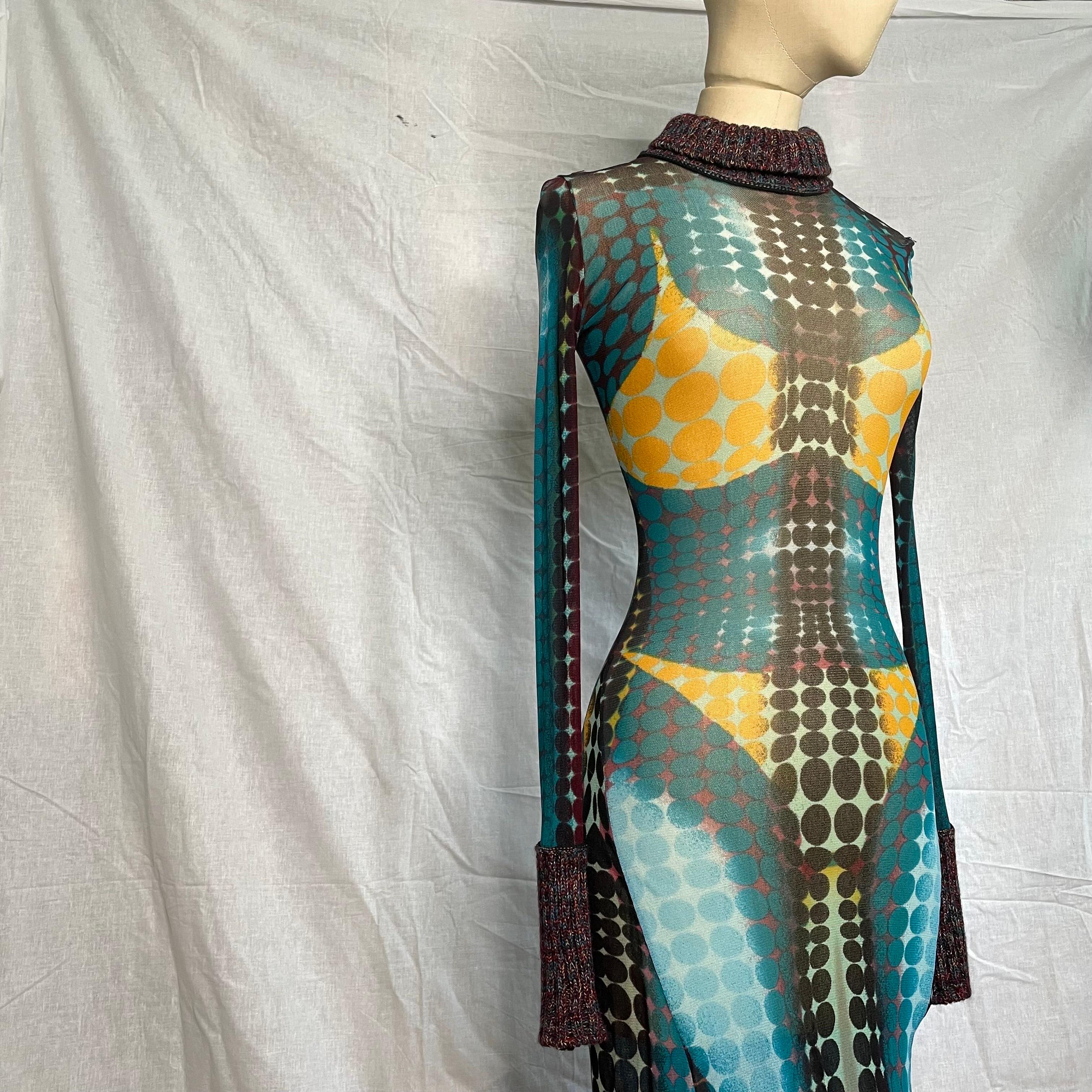 Iconic cyber dots mesh dress from Jean Paul Gaultier's fall 1995 runway collection in lycra spandex—many iconic editorials have featured this piece, and it's part of the RISD Museum's permanent collection.