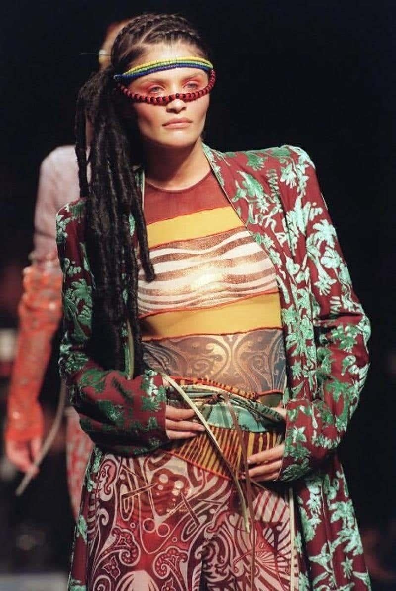 Jean Paul Gaultier 1996 Spring/Summer Cyberbaba burned velvet robe. The brown and green robe is adorned with a tropical design of leaves, flowers, palm trees, and 